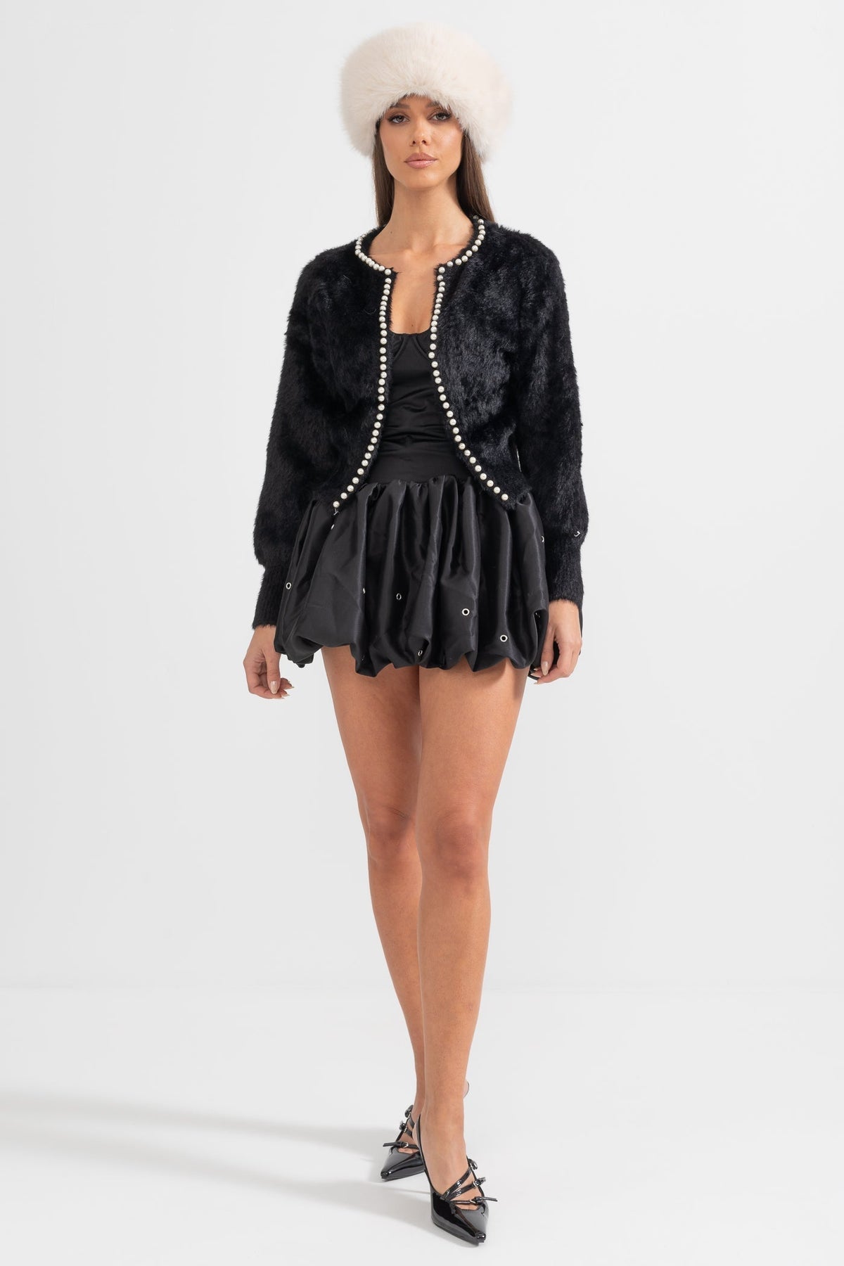 Soft Fluffy Long Sleeve Cardigan with Pearl Buttons – Black – view 2