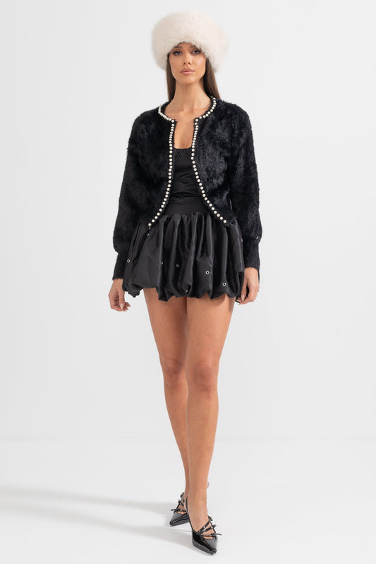 Soft Fluffy Long Sleeve Cardigan with Pearl Buttons – Black – view 2