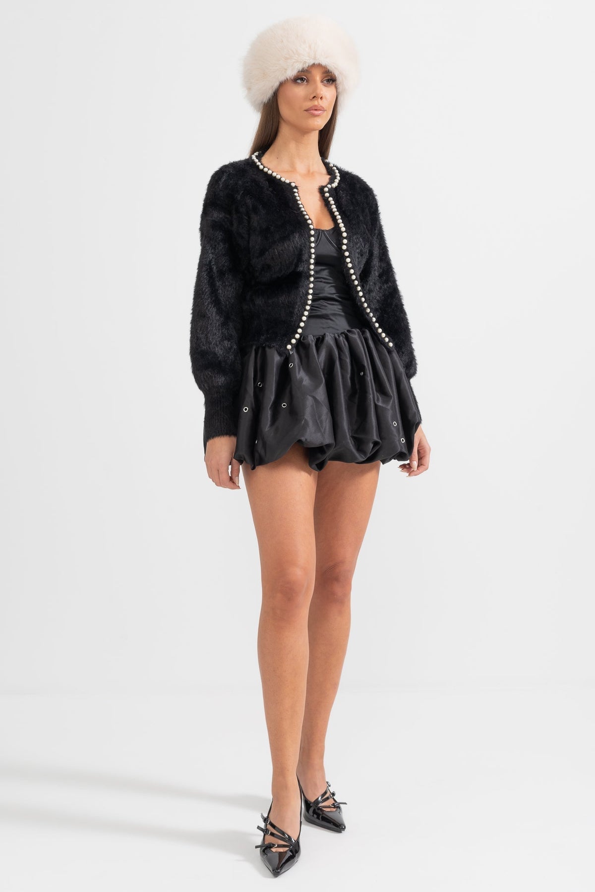 Soft Fluffy Long Sleeve Cardigan with Pearl Buttons – Black – view 7