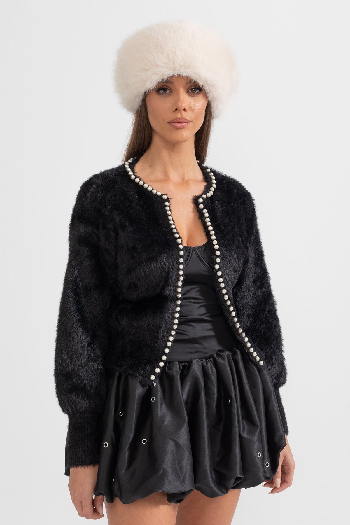 Soft Fluffy Long Sleeve Cardigan with Pearl Buttons – Black – view 1