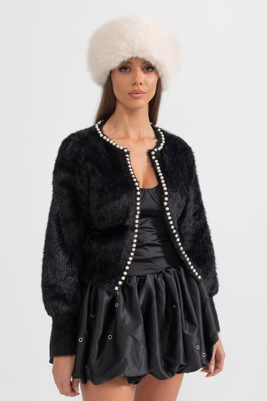 Soft Fluffy Long Sleeve Cardigan with Pearl Buttons – Black