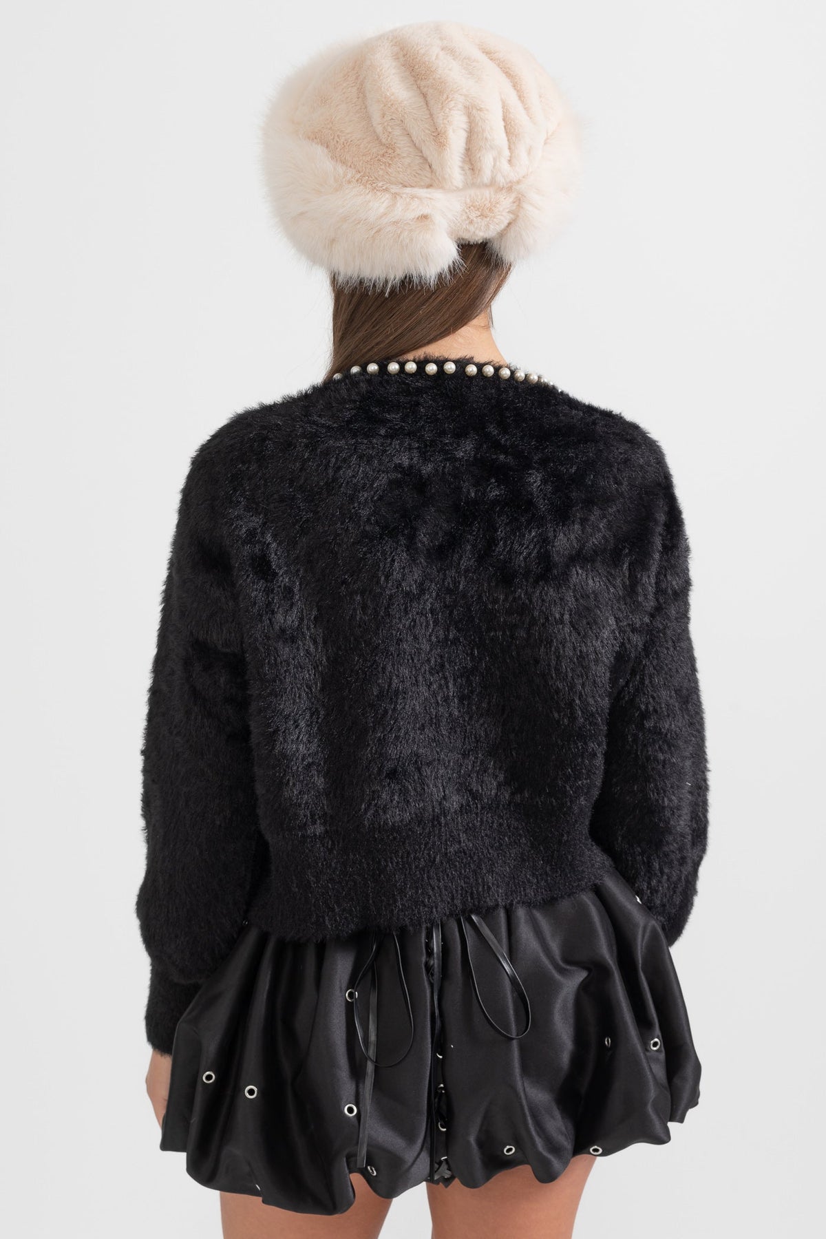 Soft Fluffy Long Sleeve Cardigan with Pearl Buttons – Black – view 8