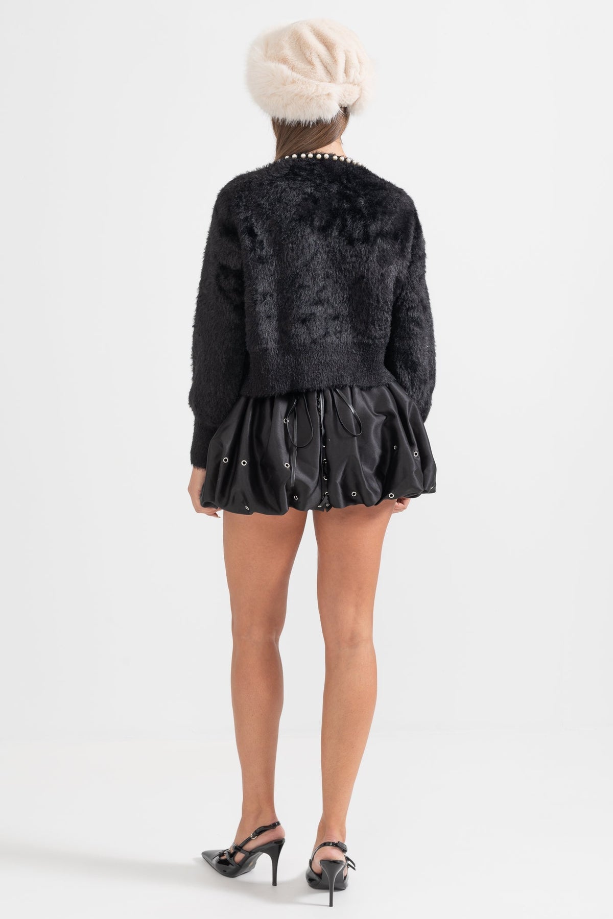 Soft Fluffy Long Sleeve Cardigan with Pearl Buttons – Black – view 9