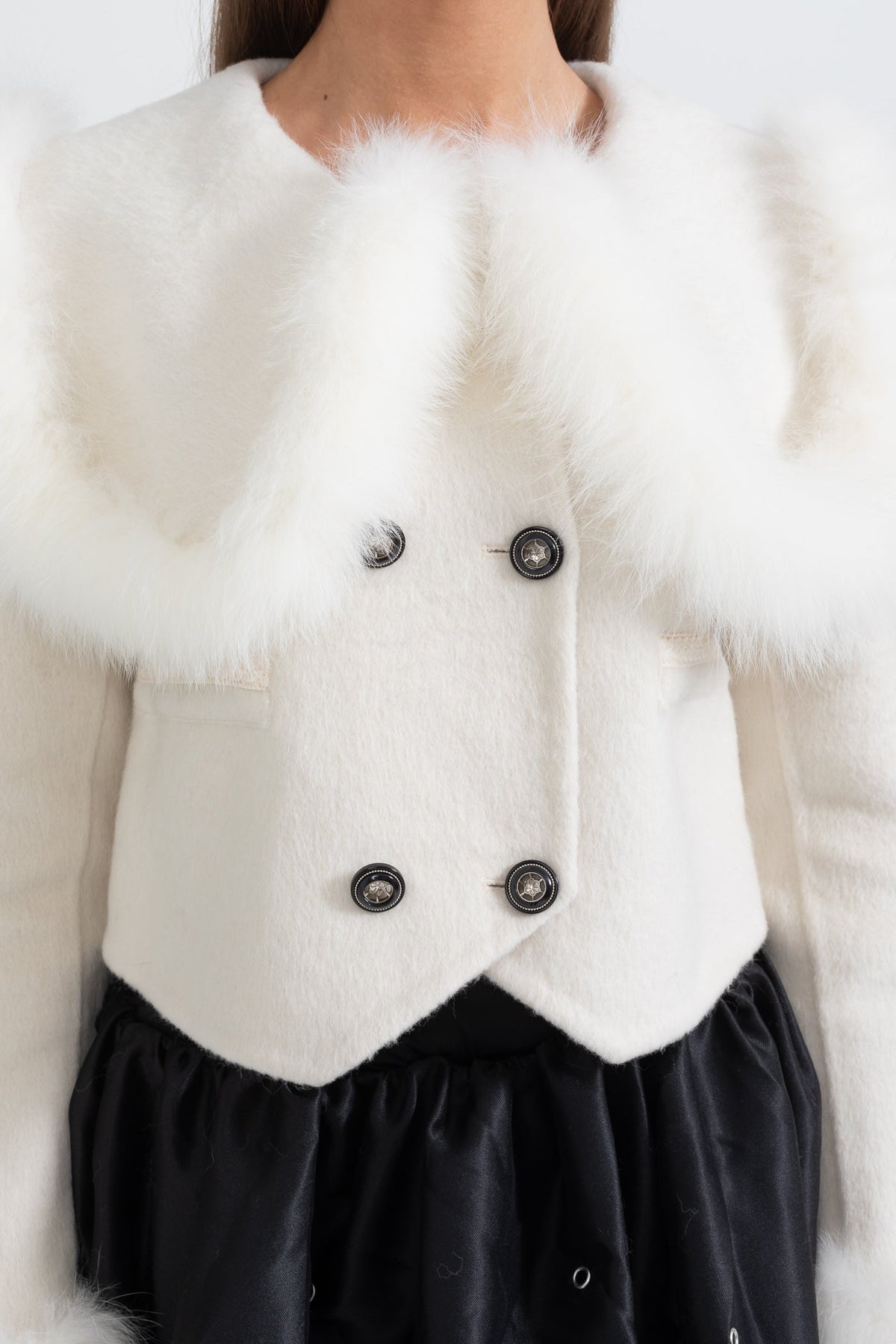 Double-Breasted Cropped Jacket with Trimmed Collar and Cuffs – White – view 7