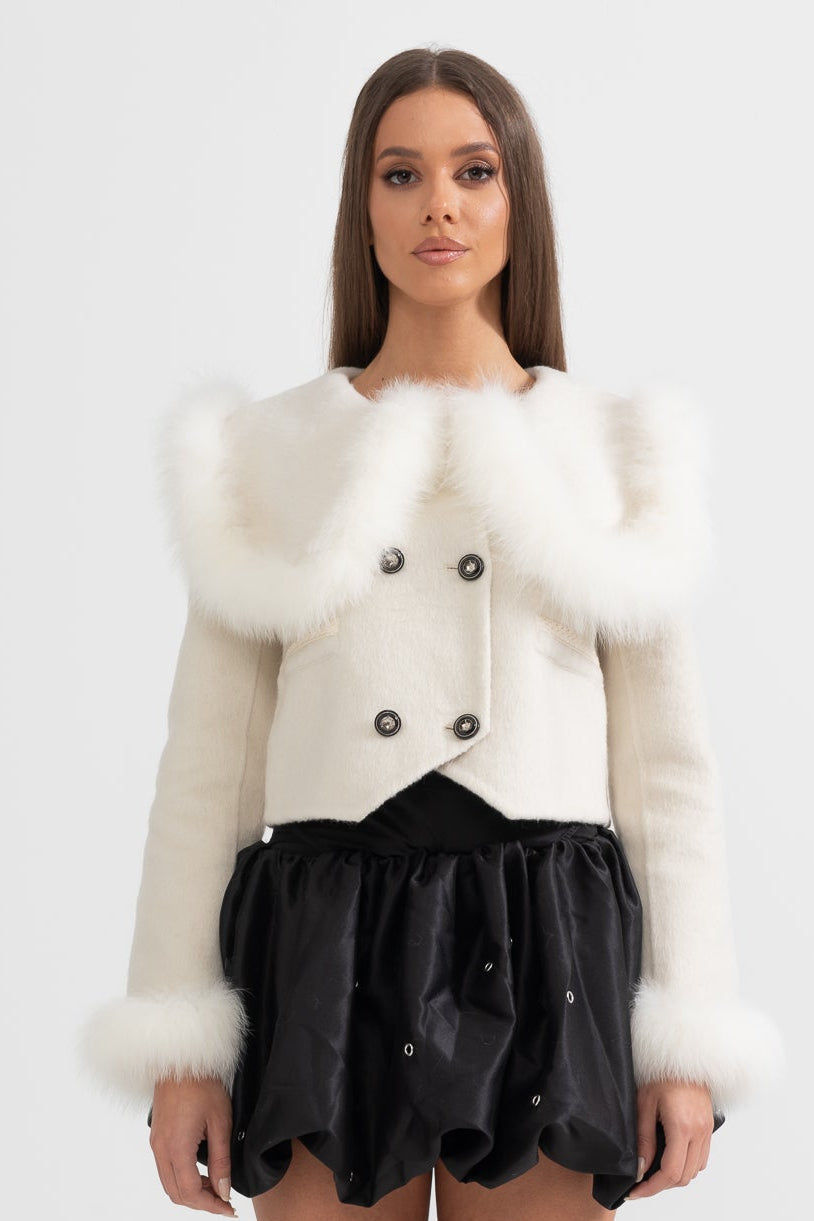 Double-Breasted Cropped Jacket with Trimmed Collar and Cuffs – White – view 3