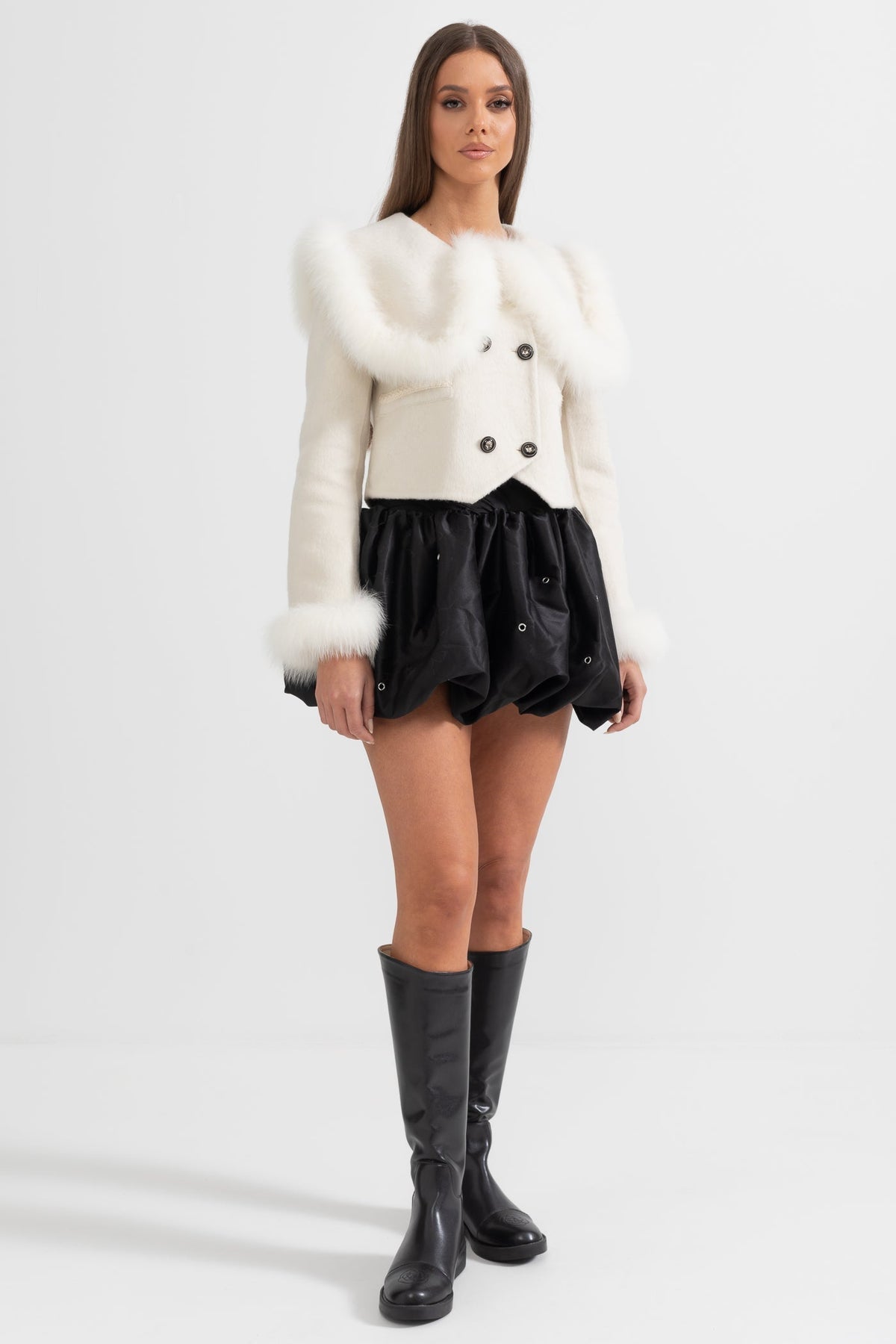 Double-Breasted Cropped Jacket with Trimmed Collar and Cuffs – White – view 6