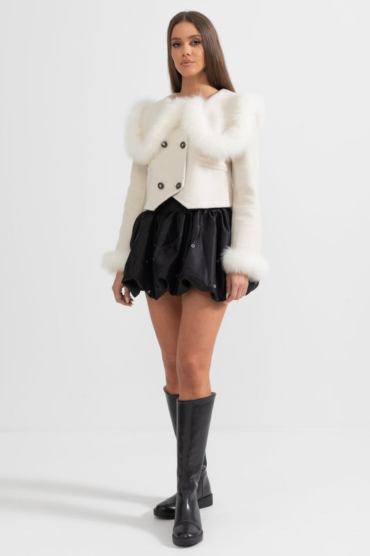 Double-Breasted Cropped Jacket with Trimmed Collar and Cuffs – White – view 2