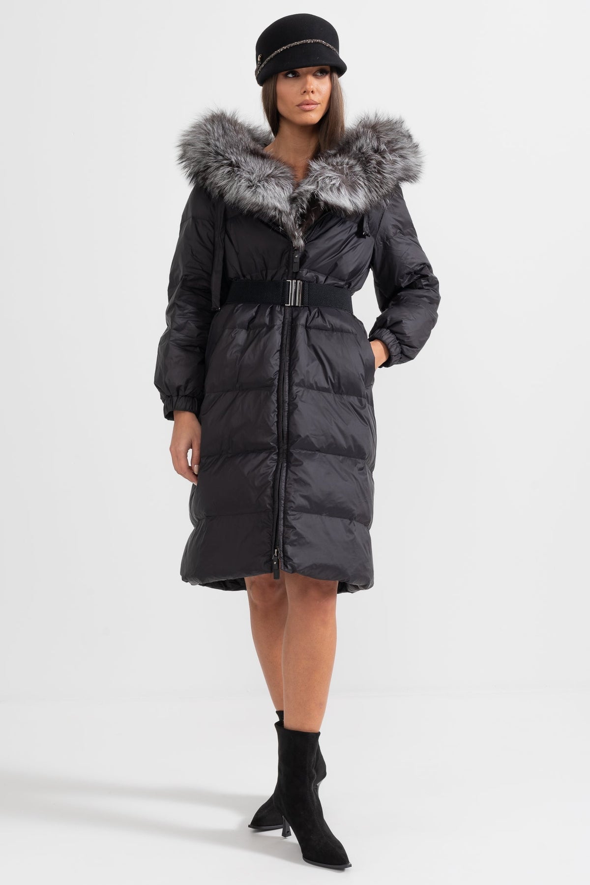 Long Duck Down Puffer Jacket with Grey Lined Hood – Black