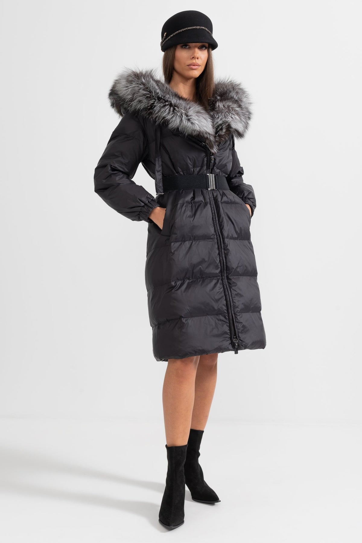Long Duck Down Puffer Jacket with Grey Lined Hood – Black – view 5