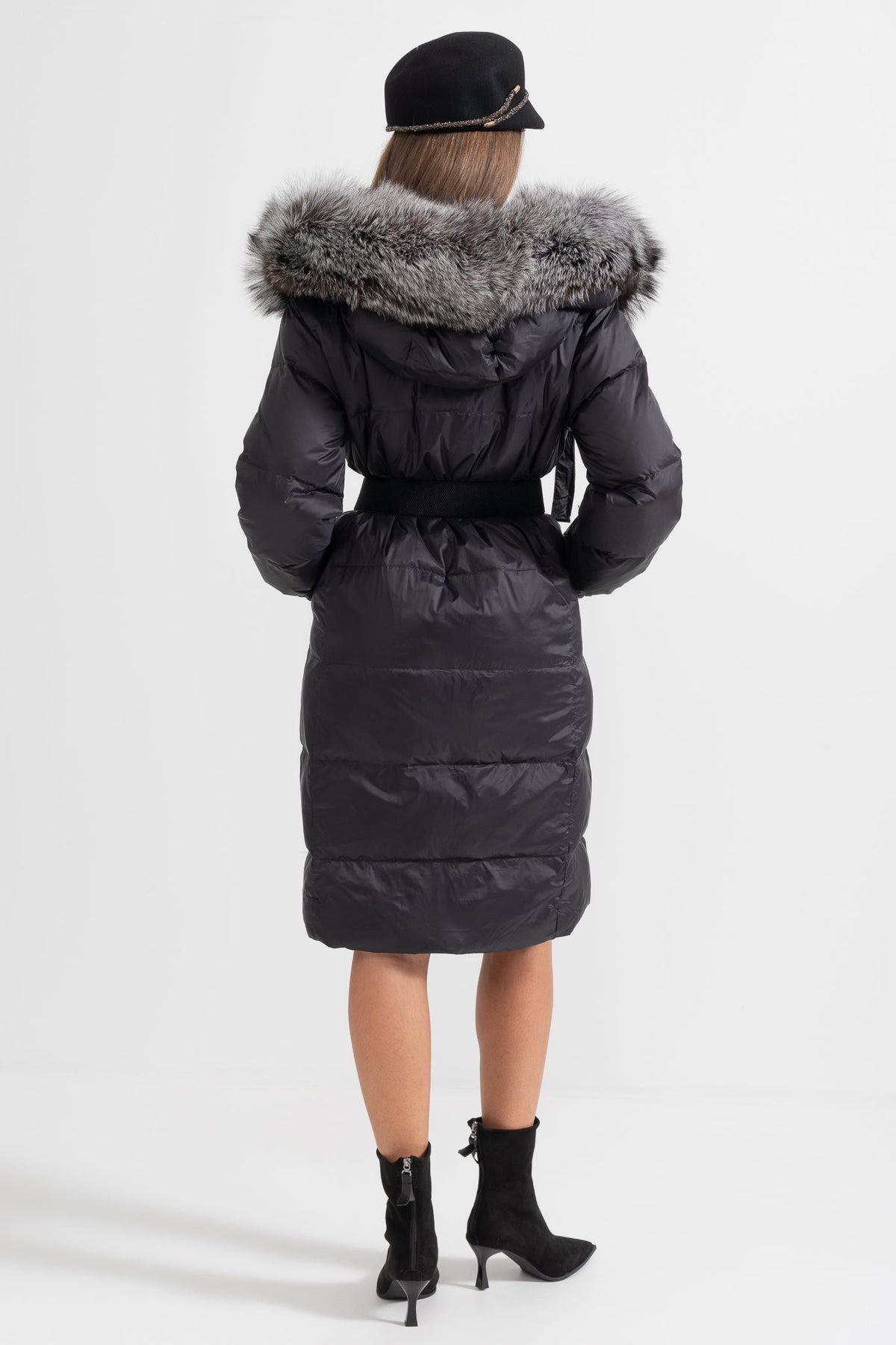 Long Duck Down Puffer Jacket with Grey Lined Hood – Black – view 7
