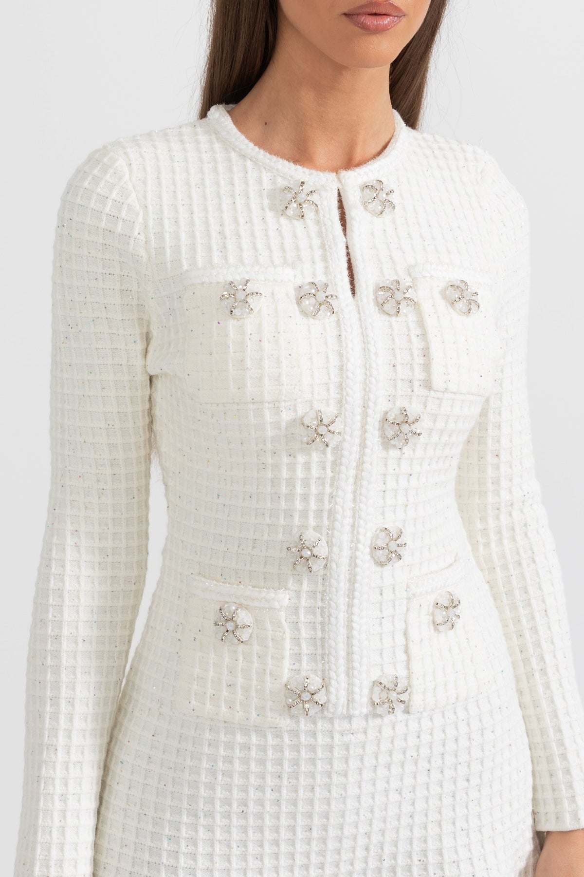 Long Sleeve Knee-Length Textured Knit Dress with Silver Buttons – White – view 7