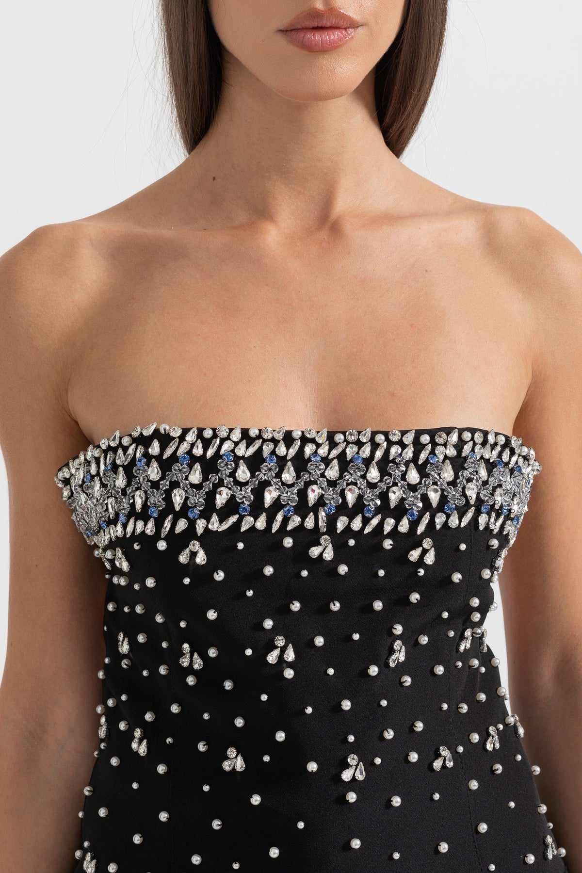Strapless Crystal Embellished Fitted Mini Dress – Black
