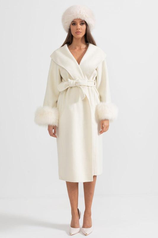 Long Wool Cashmere Blend Coat with Plush Cuffs and Belt – Ivory