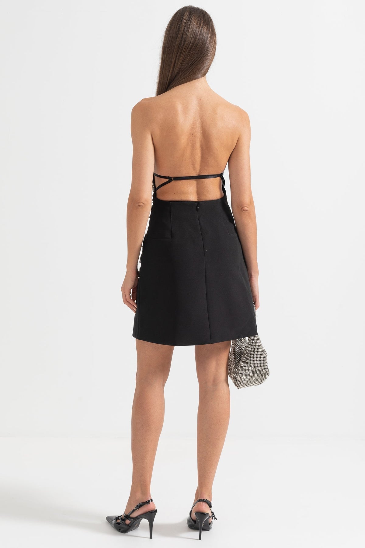 Strapless Crystal Embellished Fitted Mini Dress – Black – view 6
