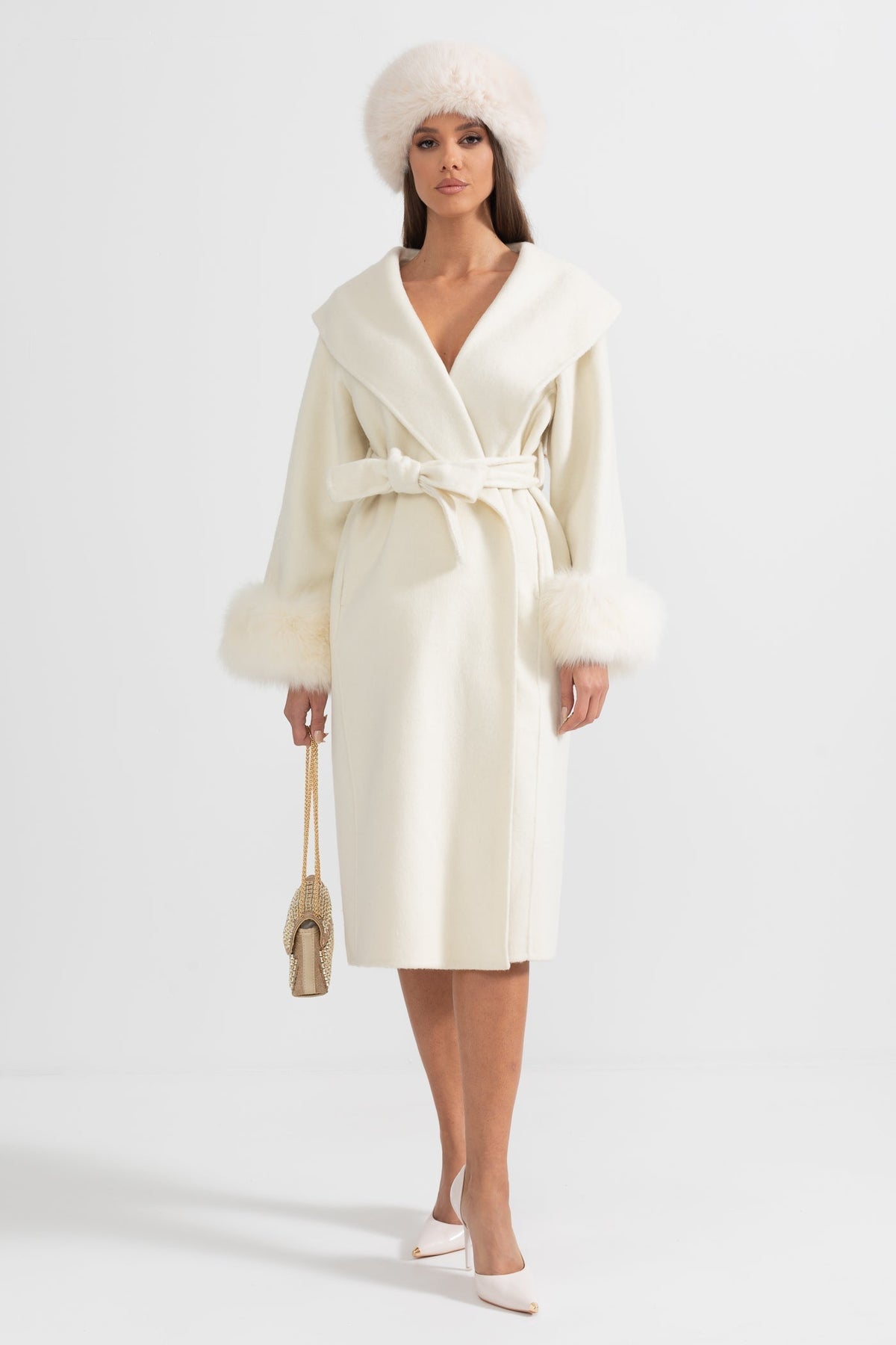 Long Wool Cashmere Blend Coat with Plush Cuffs and Belt – Ivory