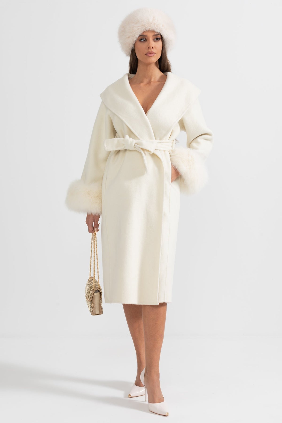 Long Wool Cashmere Blend Coat with Plush Cuffs and Belt – Ivory