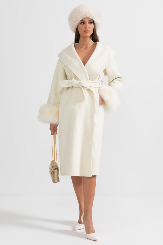 Long Wool Cashmere Blend Coat with Plush Cuffs and Belt – Ivory