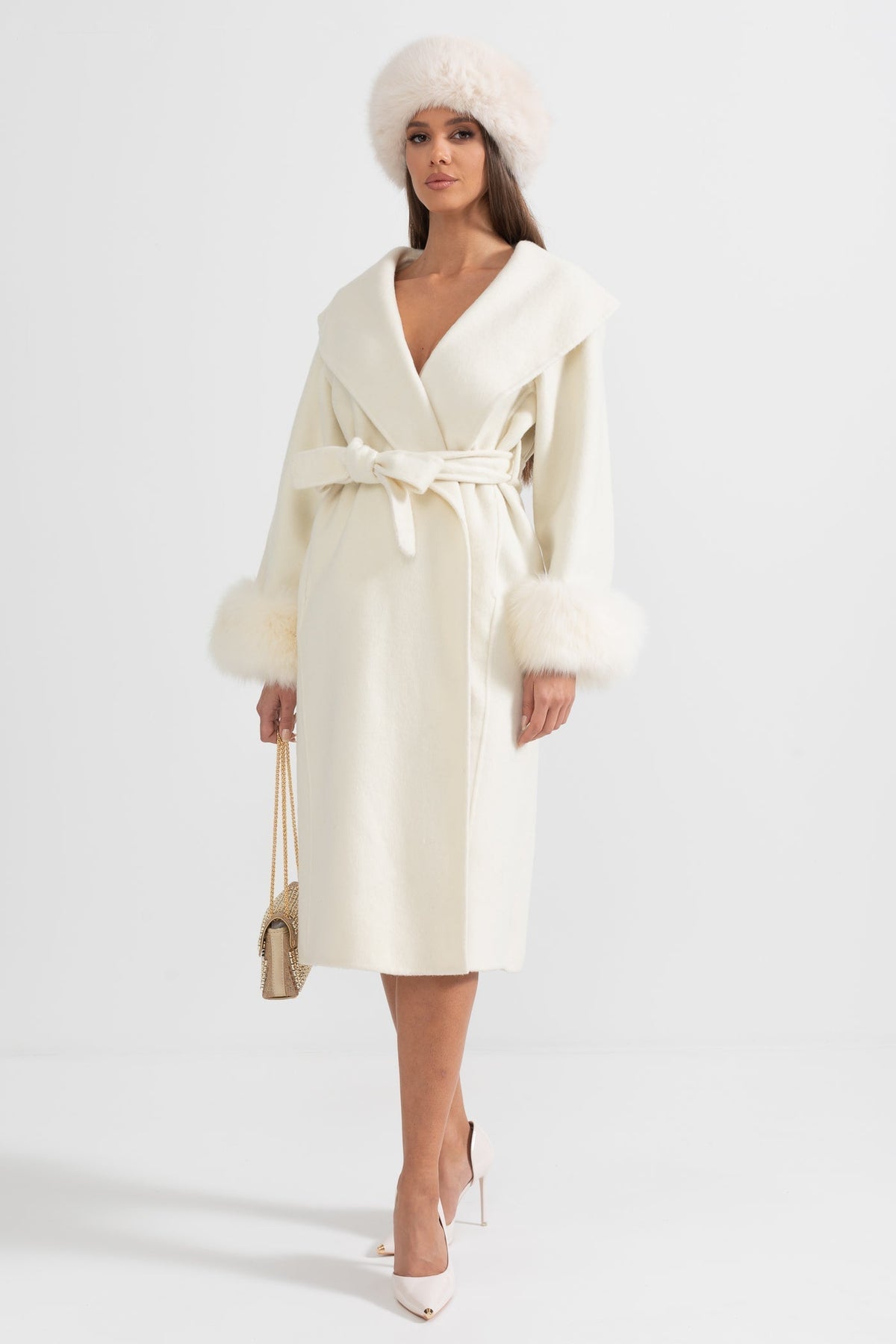 Long Wool Cashmere Blend Coat with Plush Cuffs and Belt – Ivory – view 7