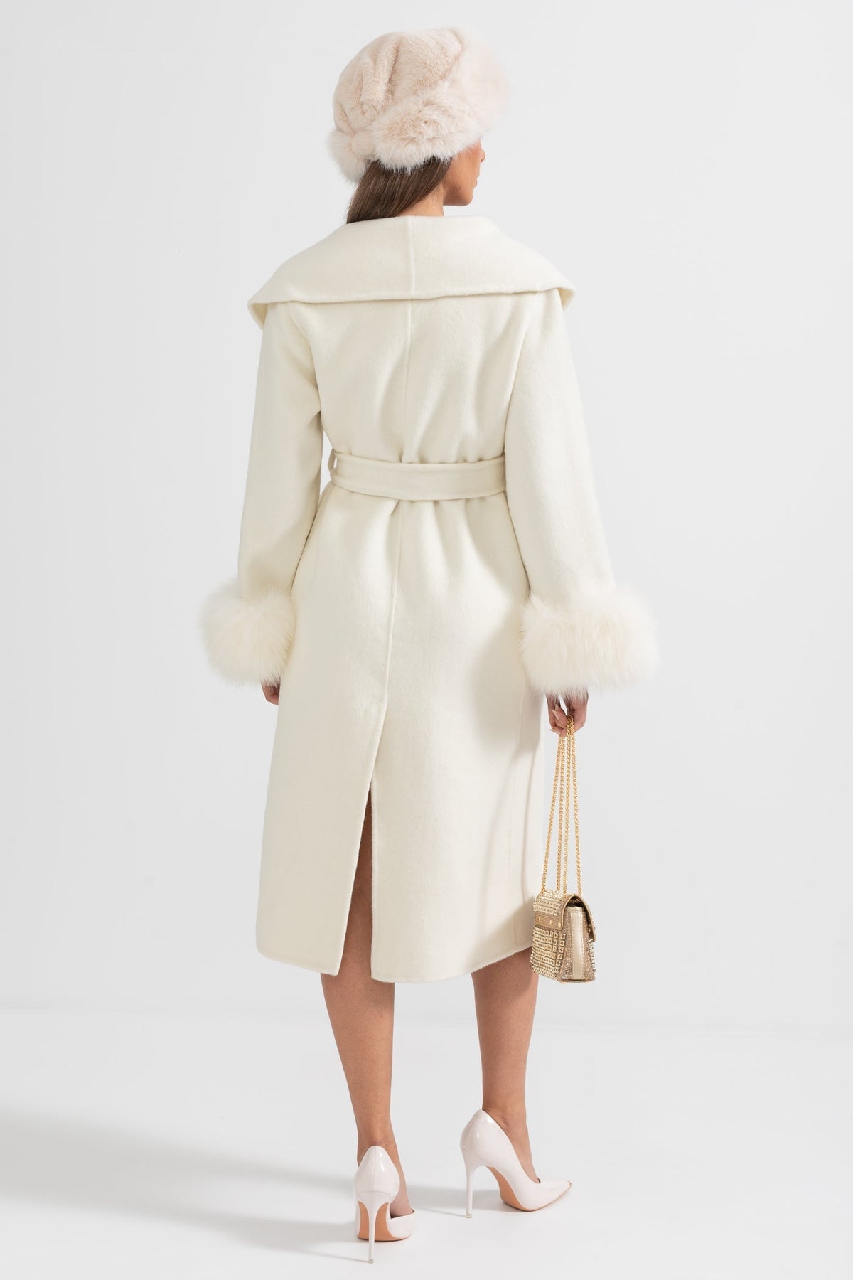 Long Wool Cashmere Blend Coat with Plush Cuffs and Belt – Ivory