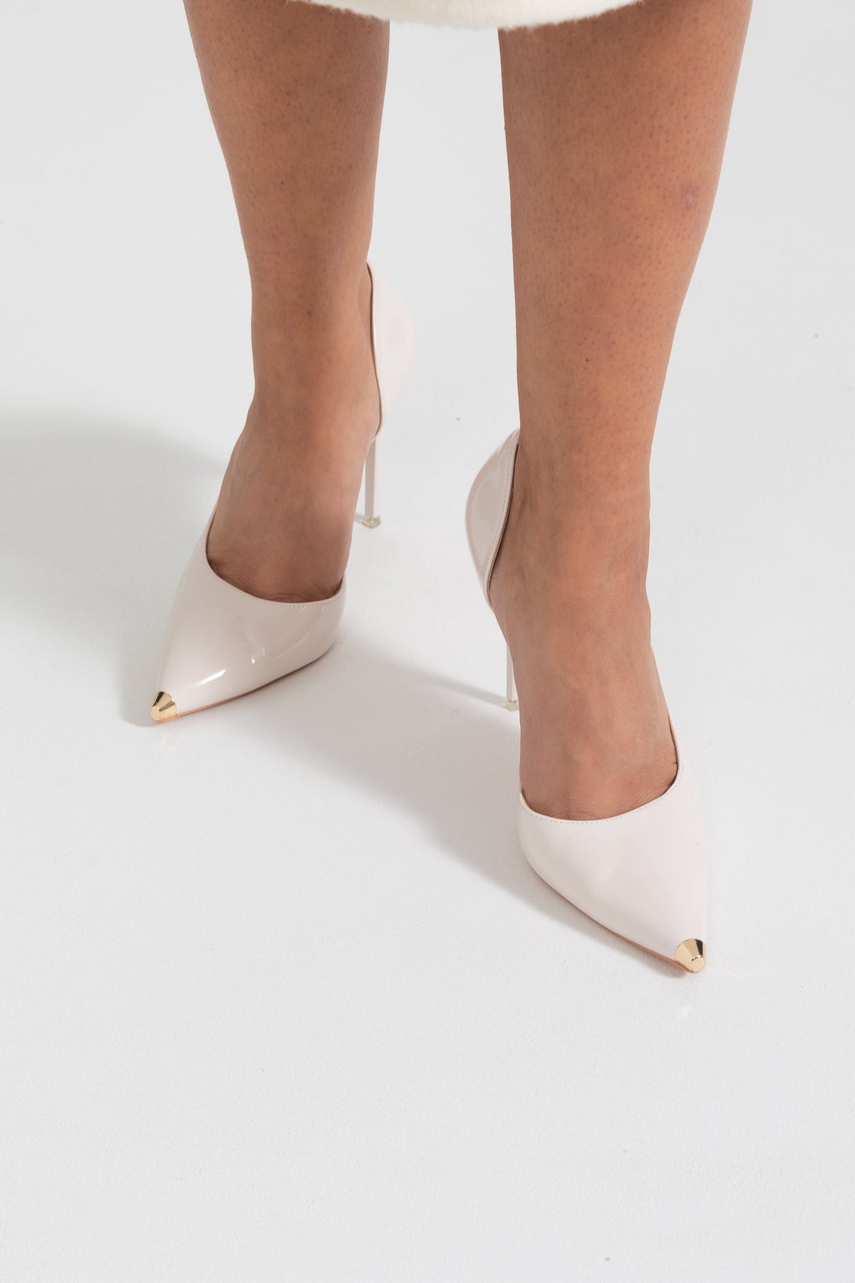 Asymmetric Stiletto Pumps with Gold Metal Tip – Light Beige – view 2