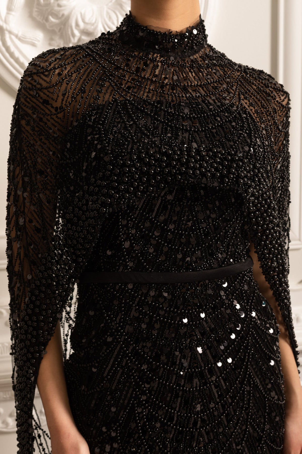 Beaded Sheer Corset Gown with Detachable Veil – Black – view 9