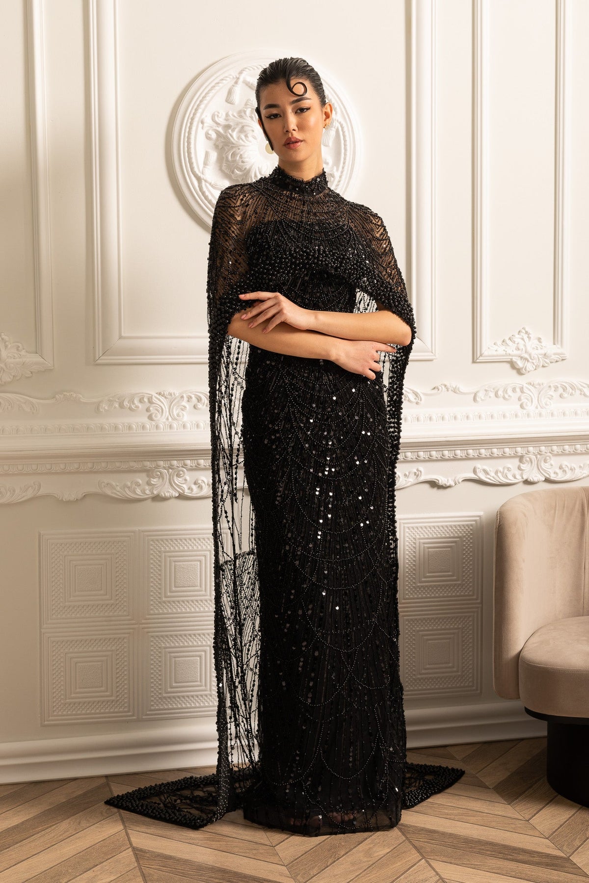 Beaded Sheer Corset Gown with Detachable Veil – Black – view 3