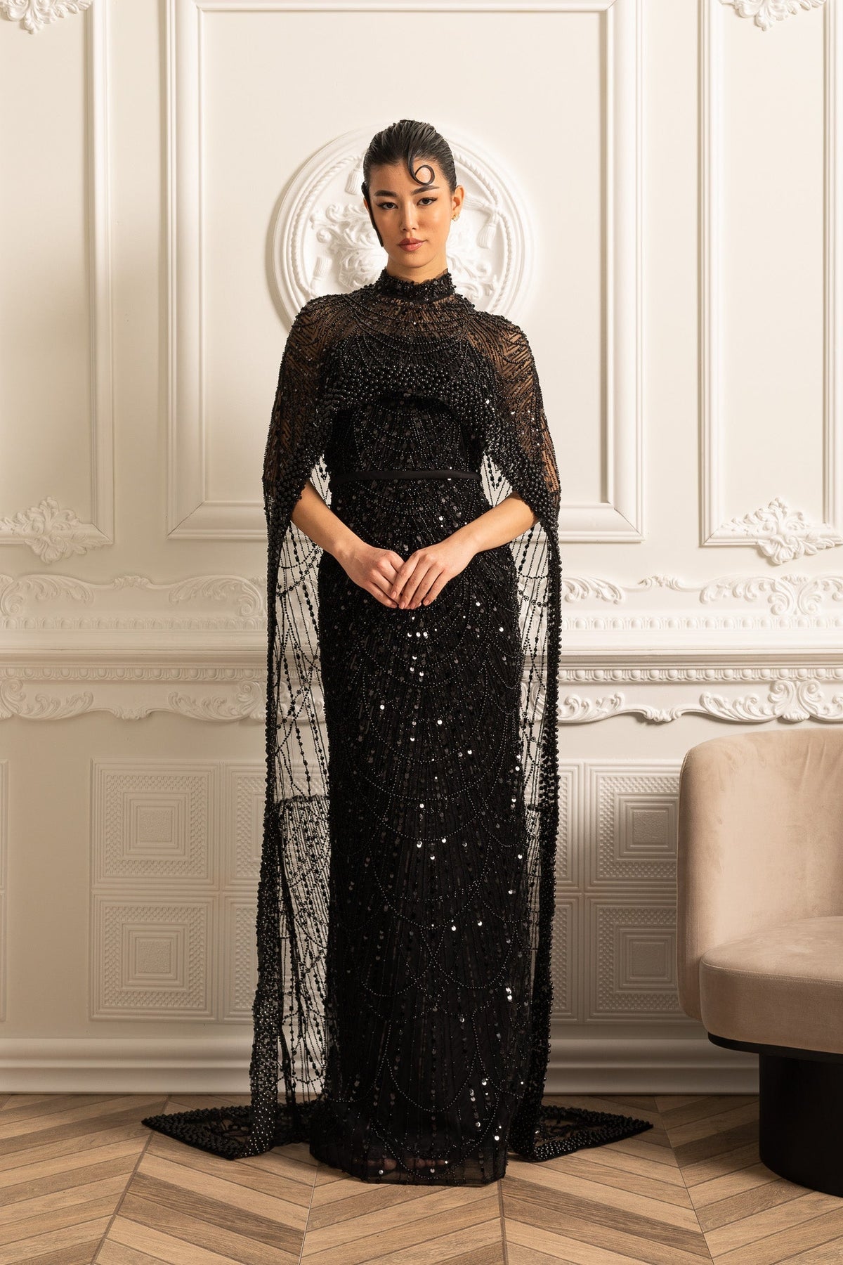Beaded Sheer Corset Gown with Detachable Veil – Black – view 12