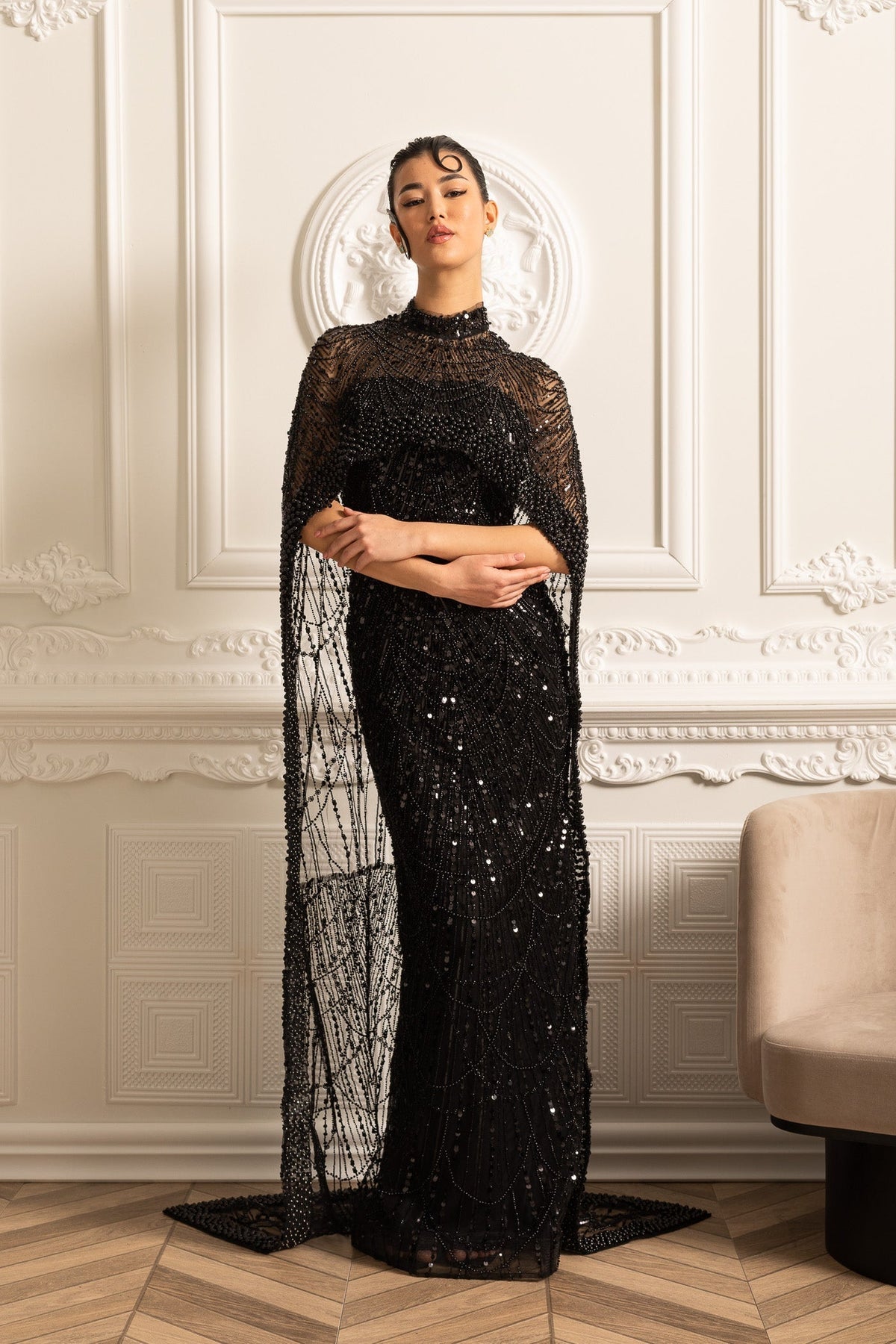 Beaded Sheer Corset Gown with Detachable Veil – Black – view 13