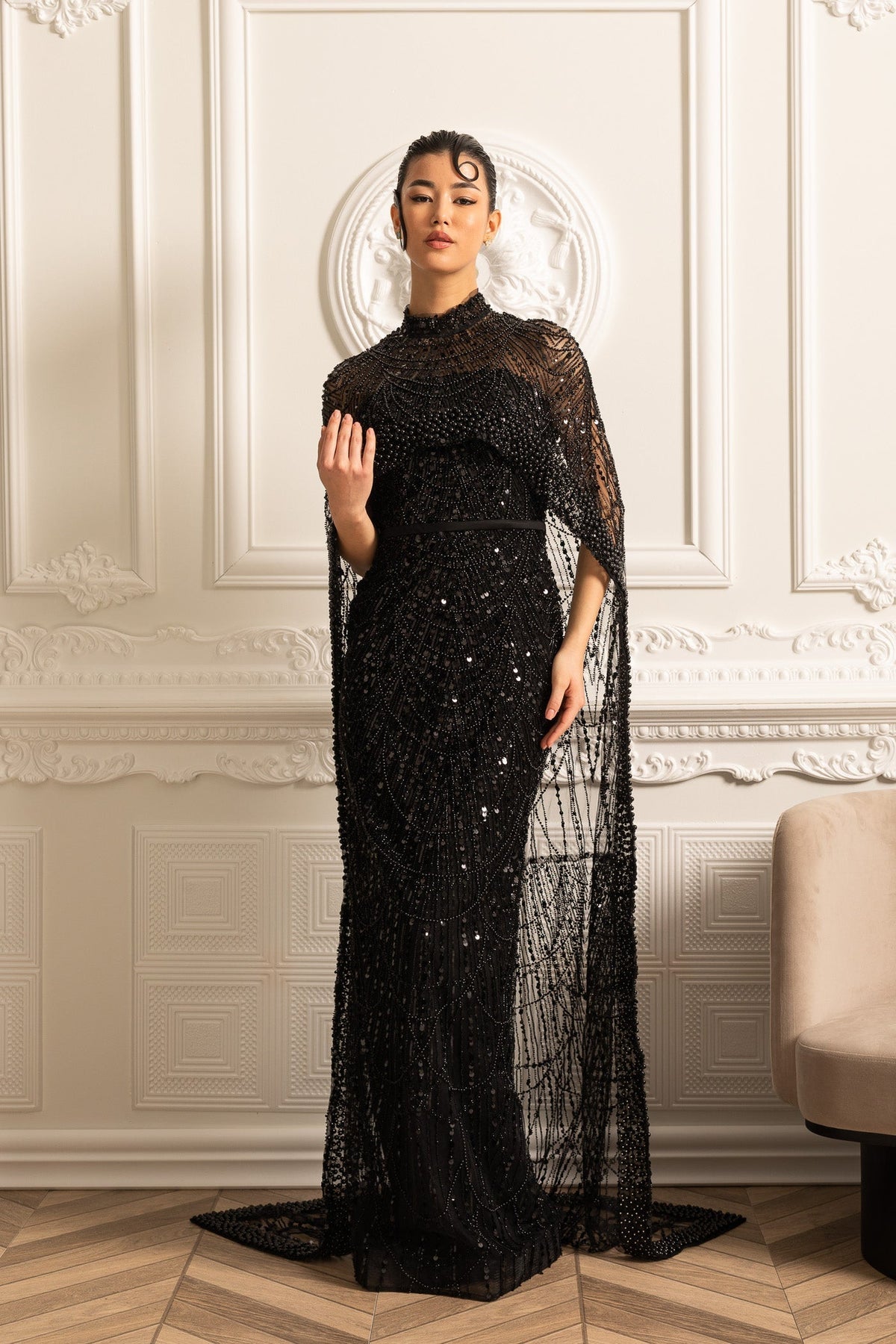 Beaded Sheer Corset Gown with Detachable Veil – Black – view 4