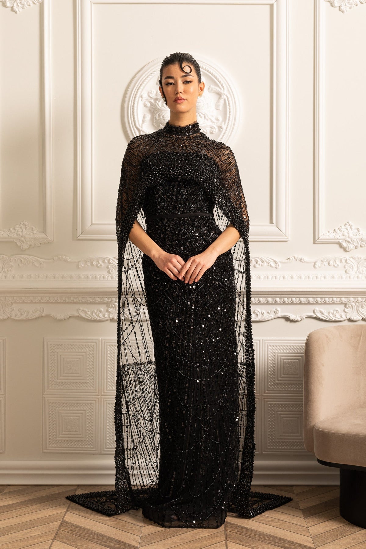 Beaded Sheer Corset Gown with Detachable Veil – Black – view 14
