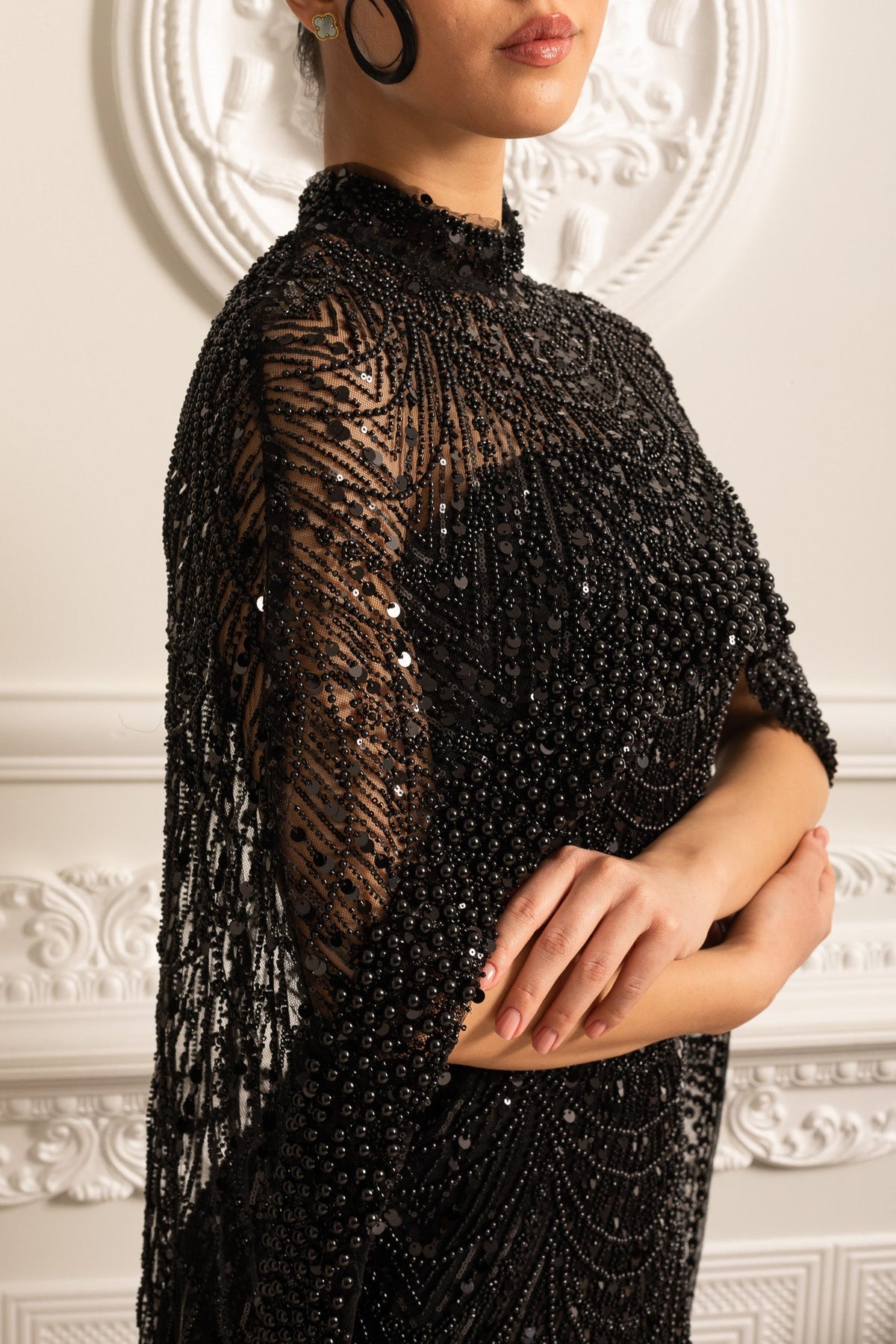Beaded Sheer Corset Gown with Detachable Veil – Black – view 15