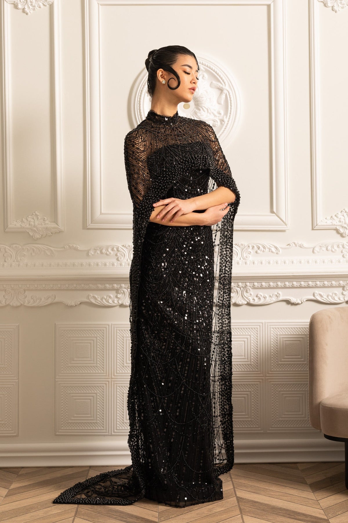 Beaded Sheer Corset Gown with Detachable Veil – Black – view 18