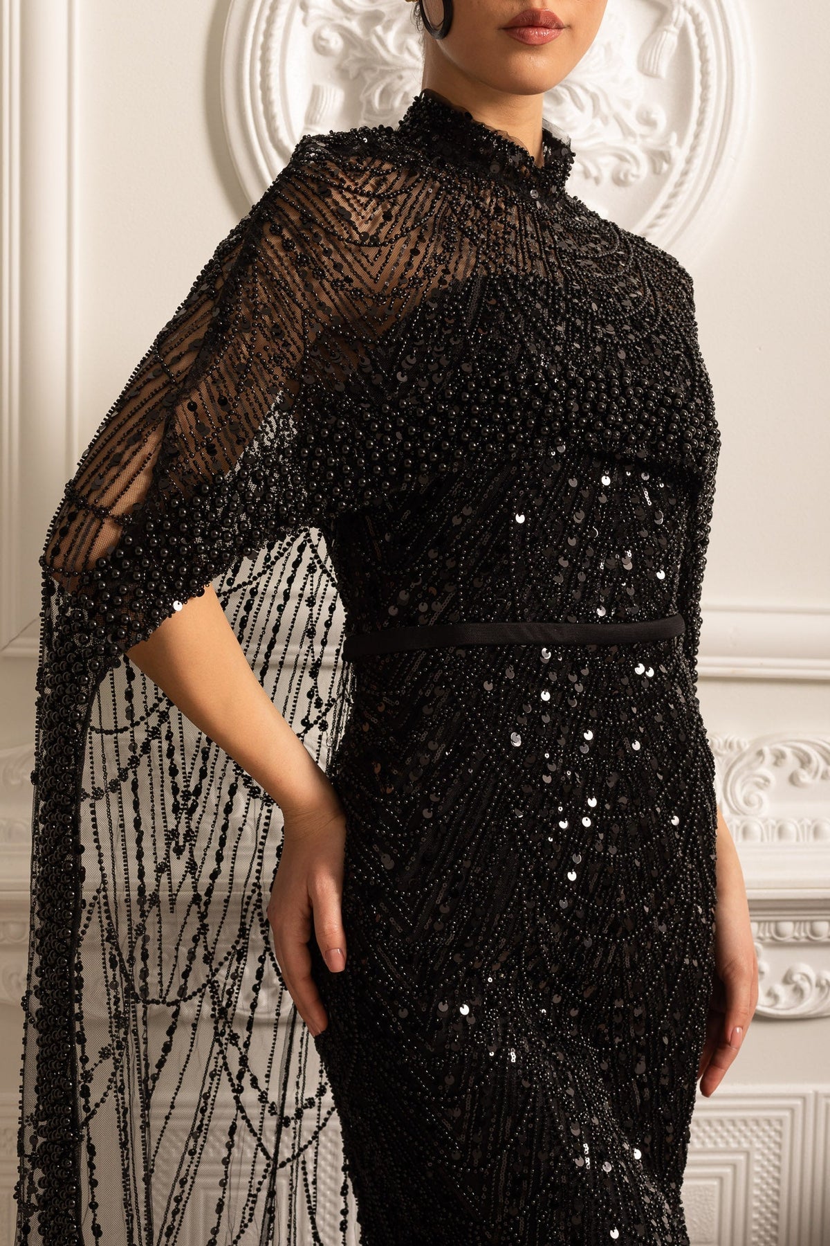 Beaded Sheer Corset Gown with Detachable Veil – Black – view 19