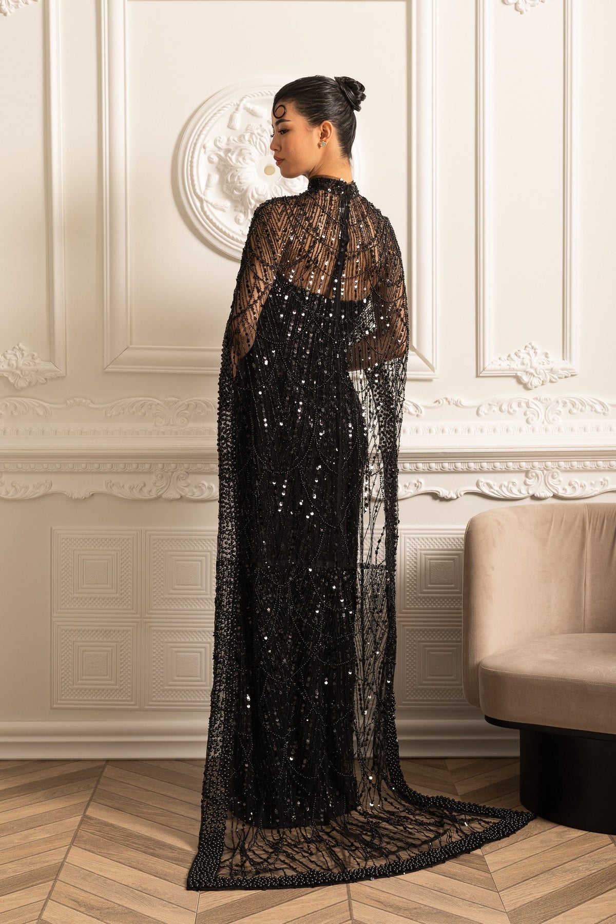 Beaded Sheer Corset Gown with Detachable Veil – Black – view 2