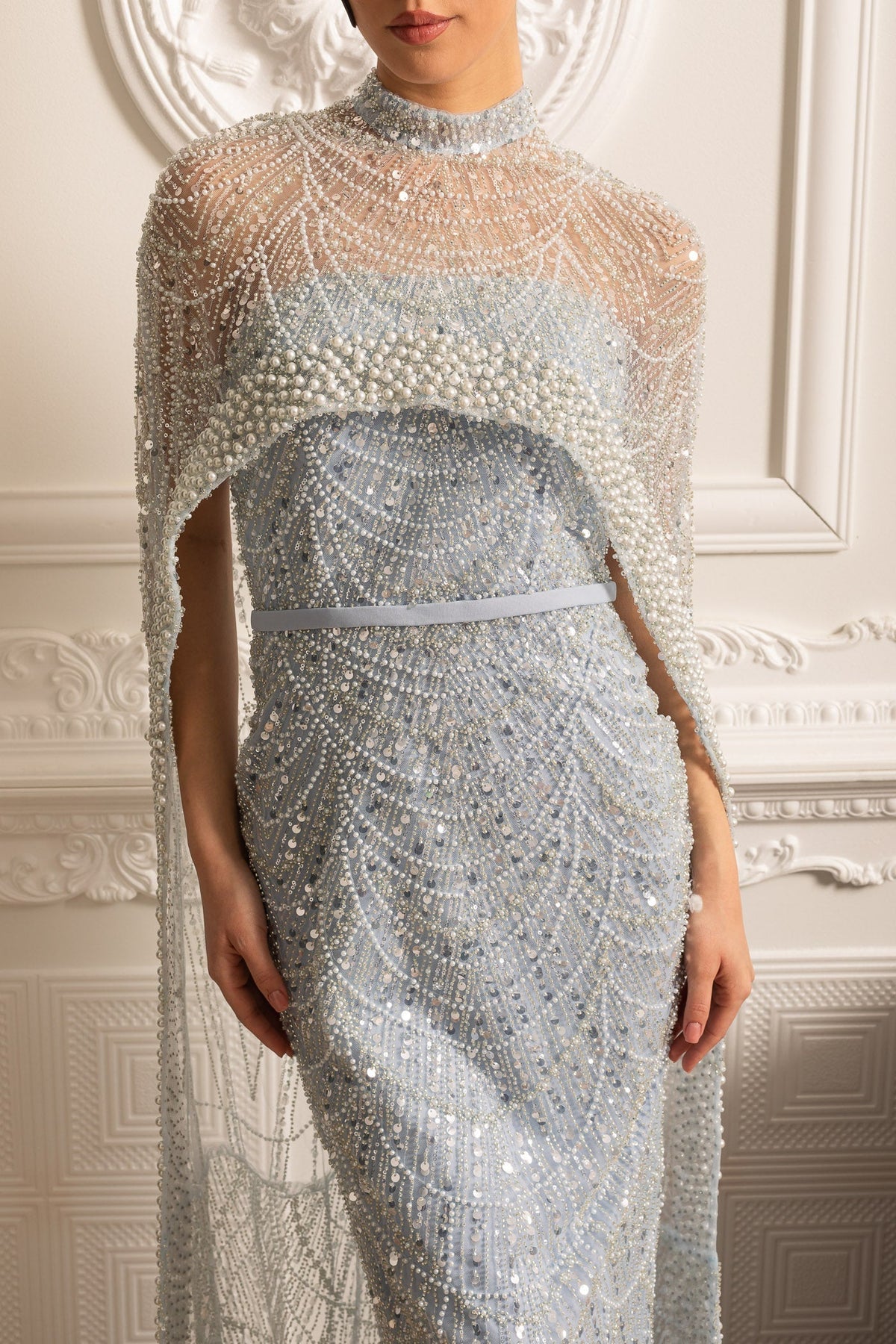 Beaded Sheer Corset Gown with Detachable Veil – Blue – view 7