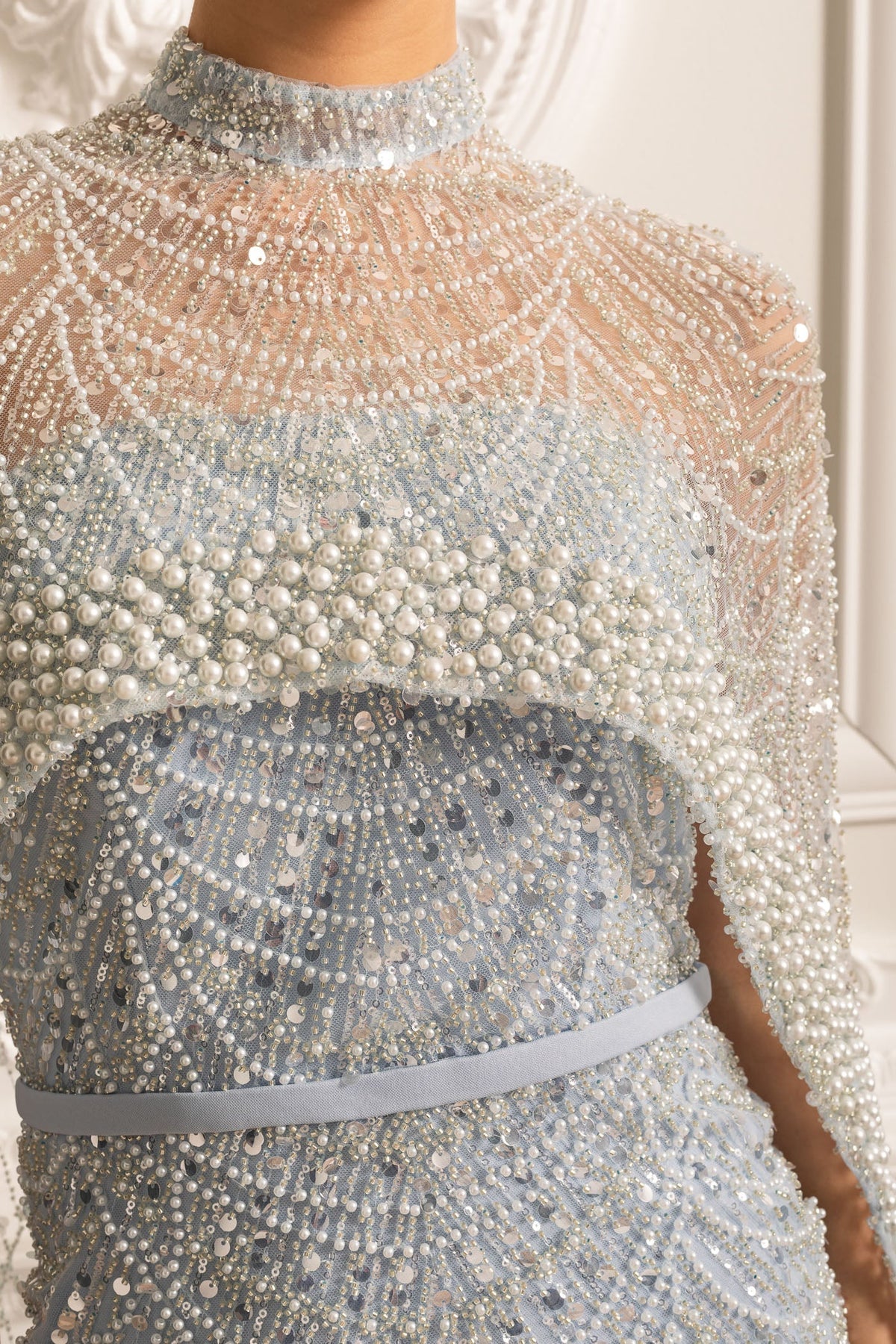 Beaded Sheer Corset Gown with Detachable Veil – Blue – view 8