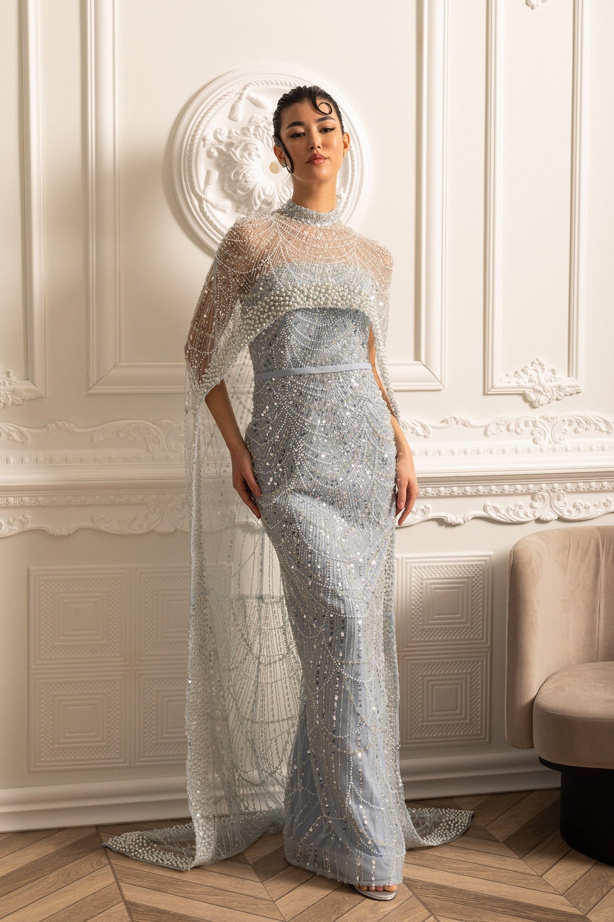 Beaded Sheer Corset Gown with Detachable Veil – Blue – view 9