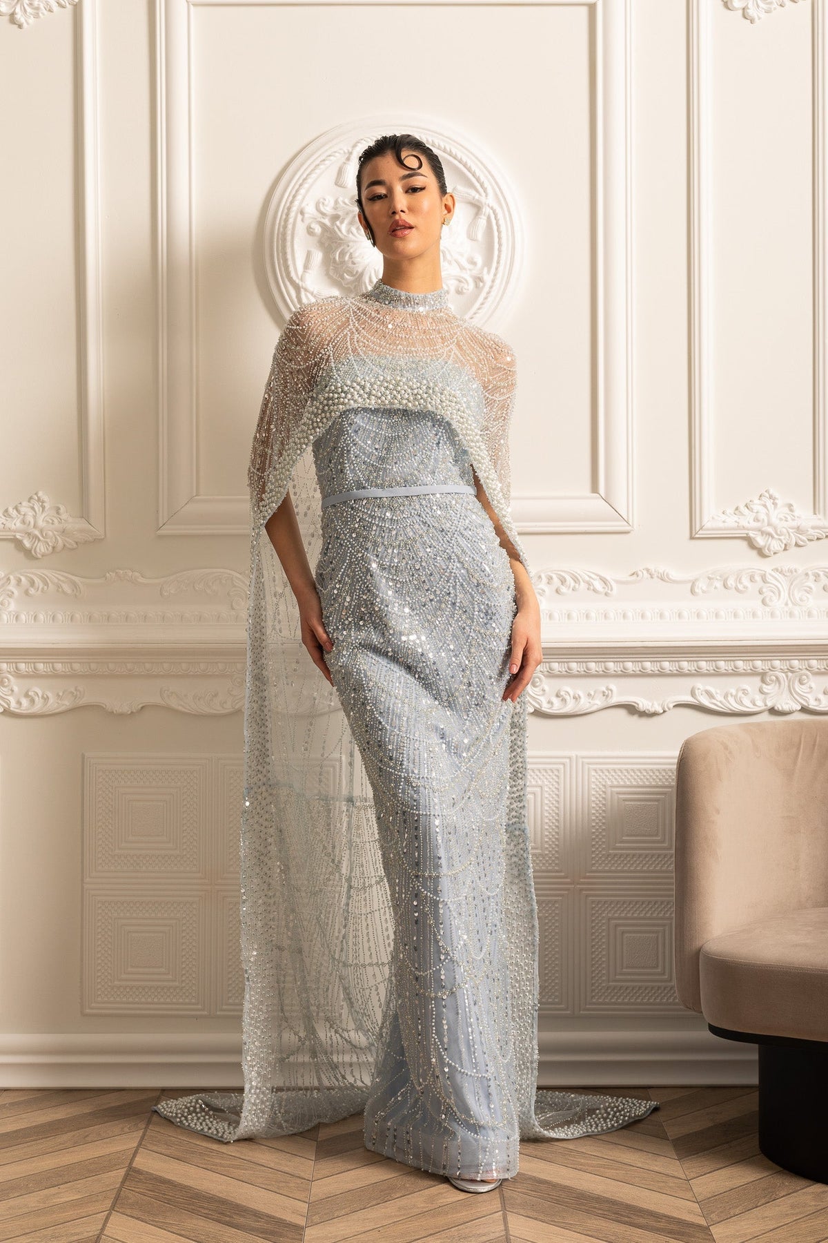 Beaded Sheer Corset Gown with Detachable Veil – Blue – view 11