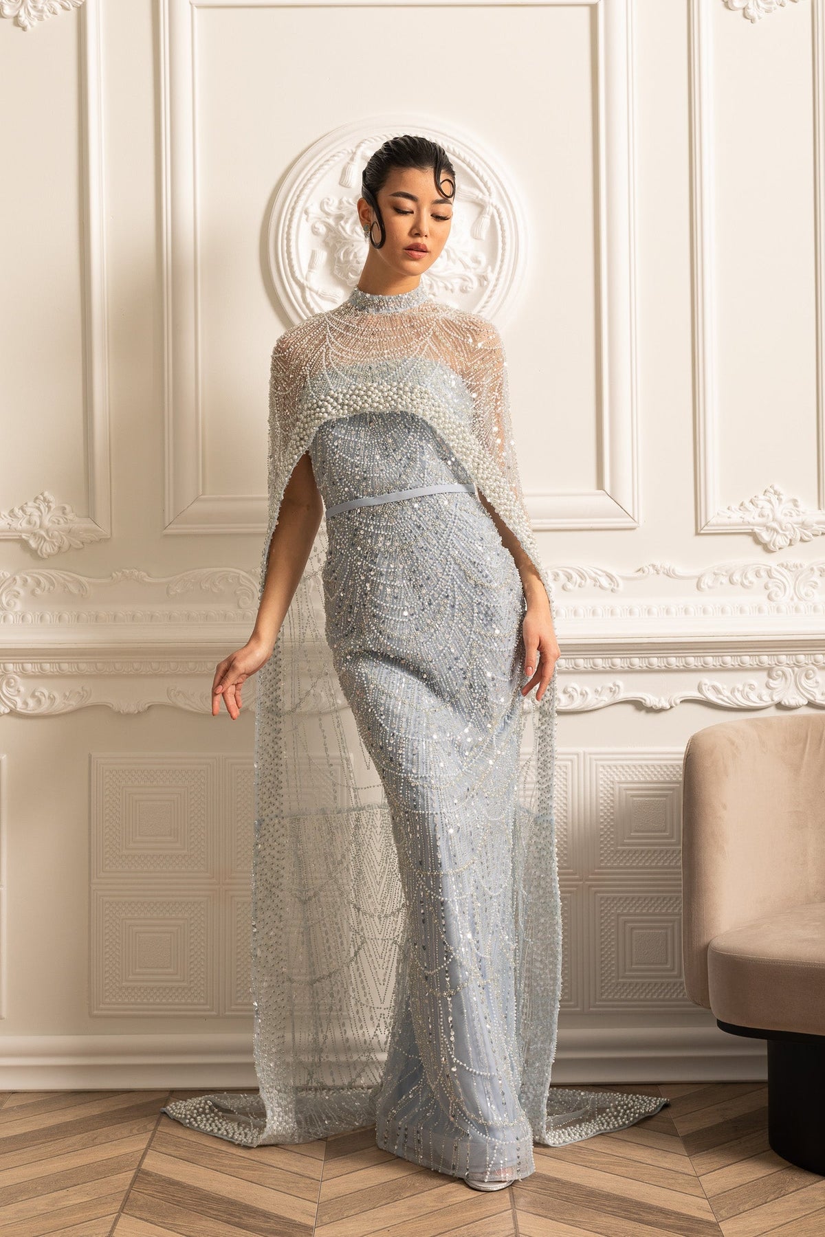 Beaded Sheer Corset Gown with Detachable Veil – Blue – view 12