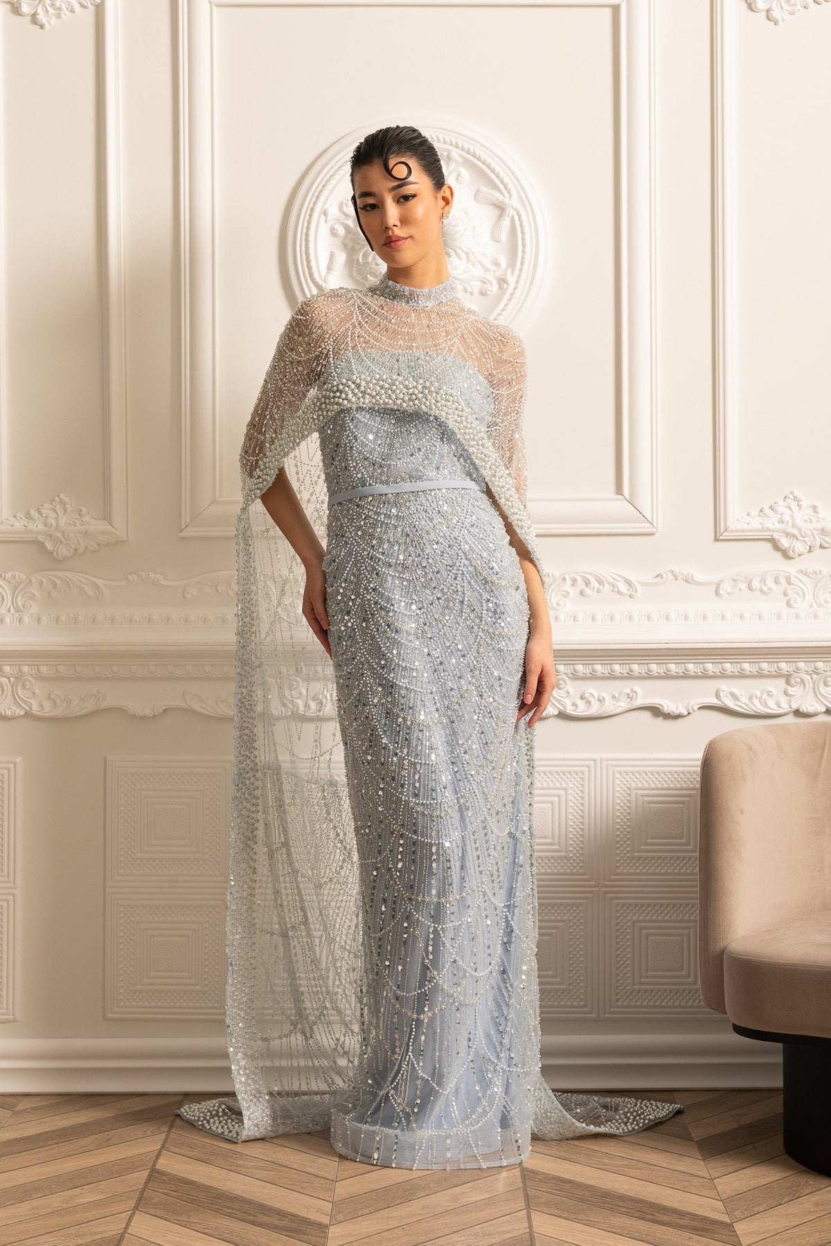 Beaded Sheer Corset Gown with Detachable Veil – Blue – view 10