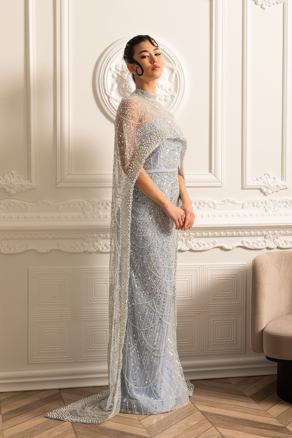 Beaded Sheer Corset Gown with Detachable Veil – Blue – view 5