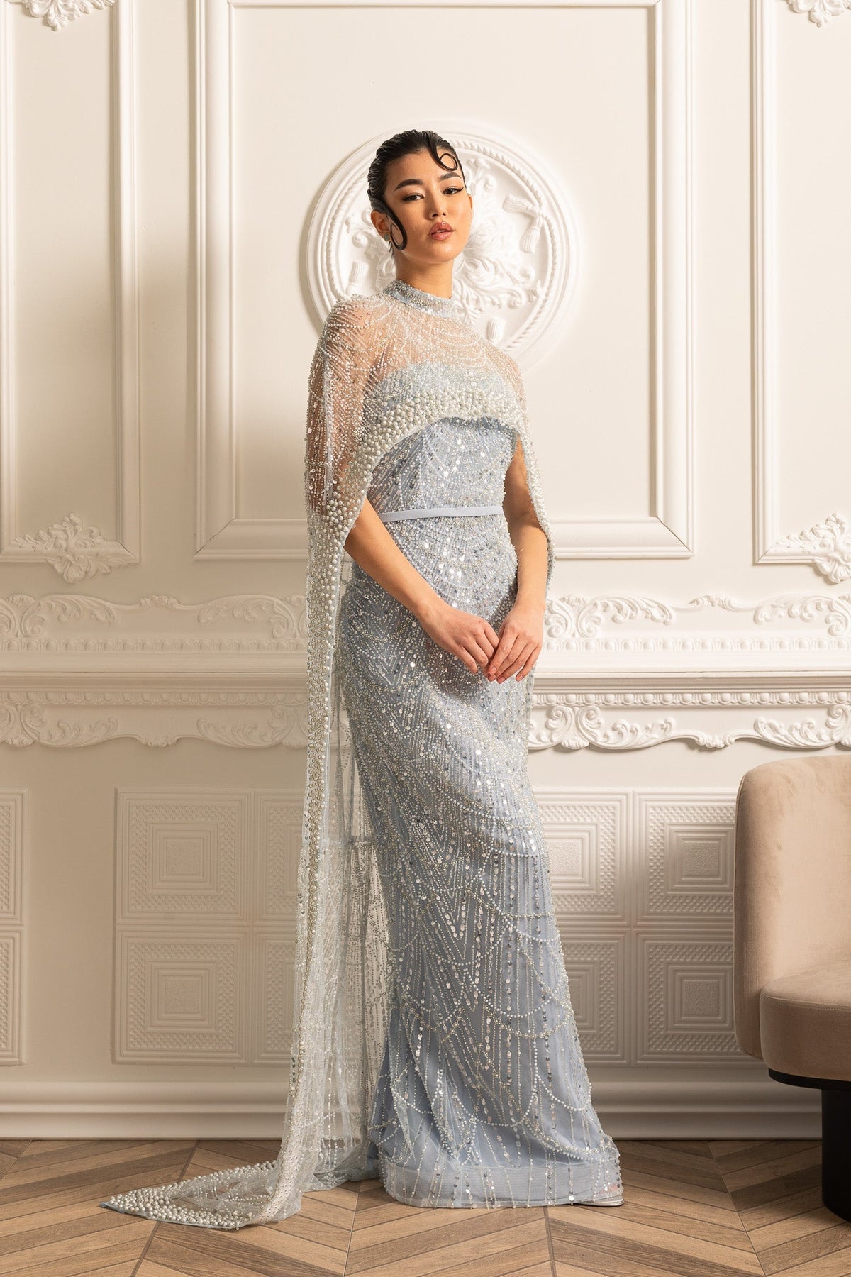 Beaded Sheer Corset Gown with Detachable Veil – Blue – view 6