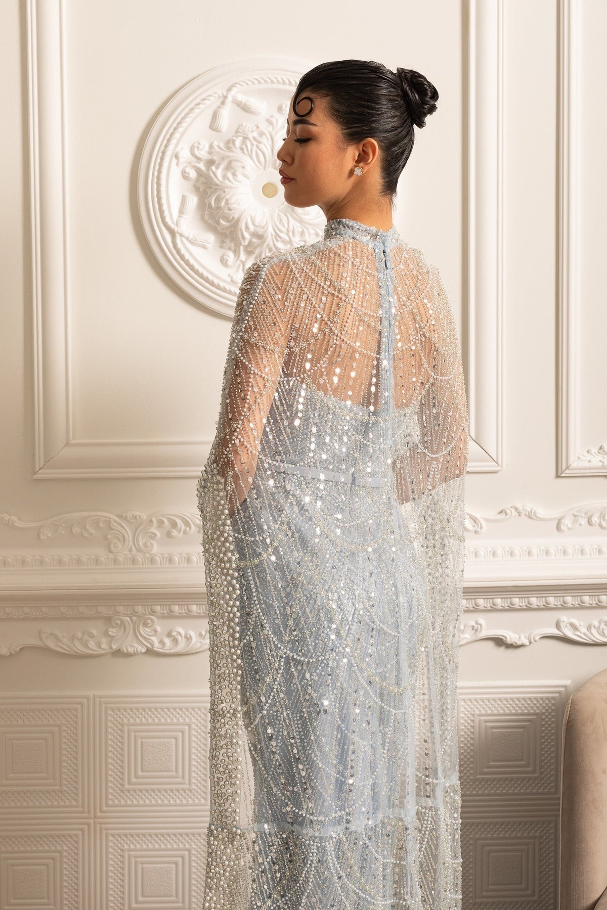 Beaded Sheer Corset Gown with Detachable Veil – Blue – view 13