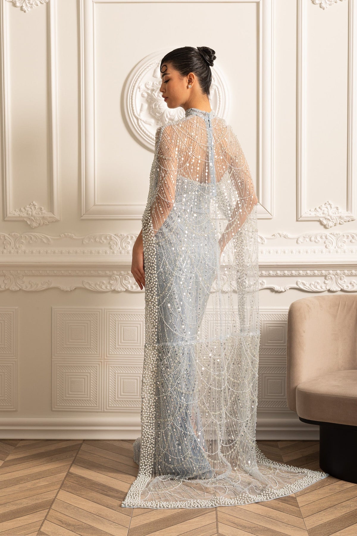 Beaded Sheer Corset Gown with Detachable Veil – Blue – view 4