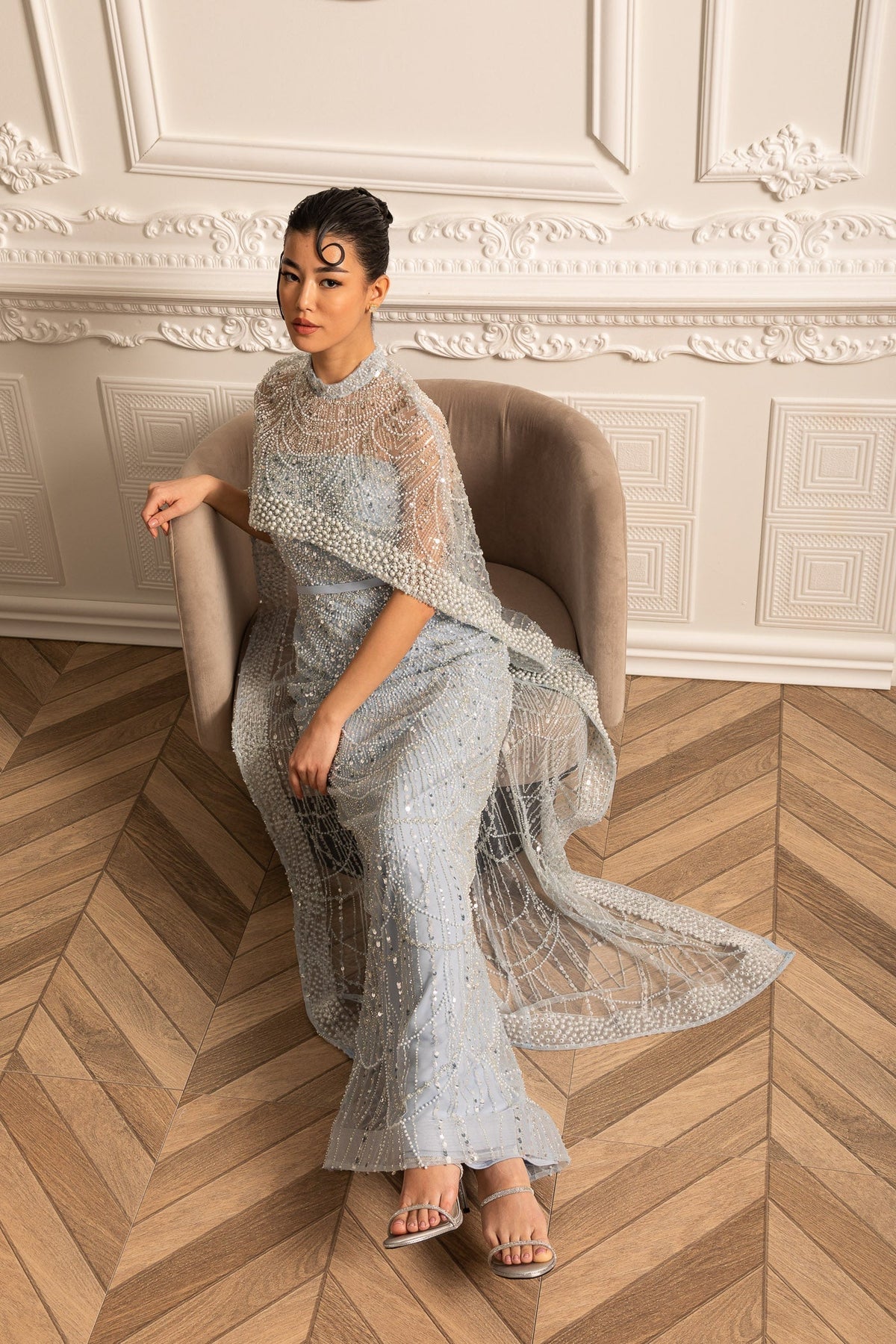 Beaded Sheer Corset Gown with Detachable Veil – Blue – view 14