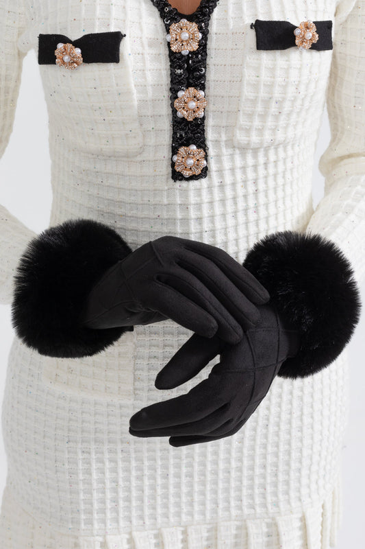Quilted Suede-Effect Gloves with Fluffy Cuffs – Black