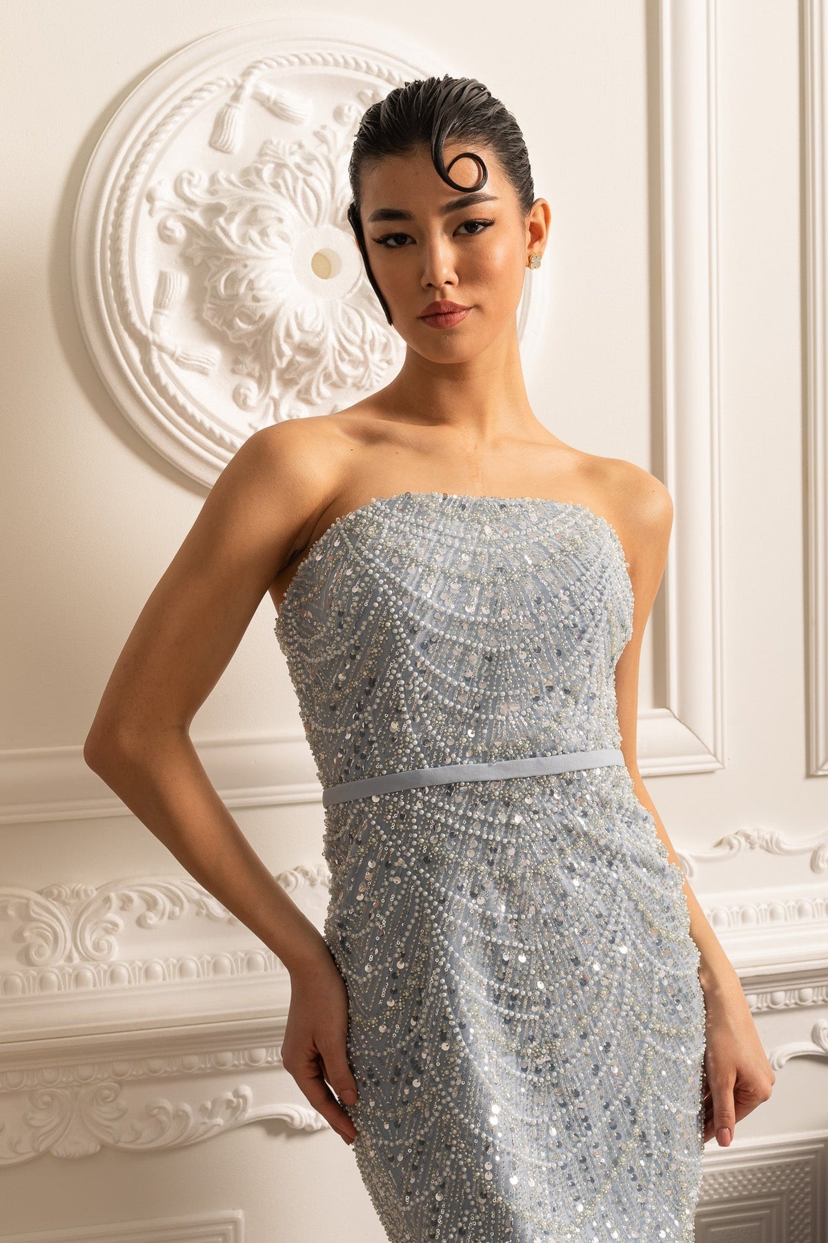 Beaded Sheer Corset Gown with Detachable Veil – Blue – view 15