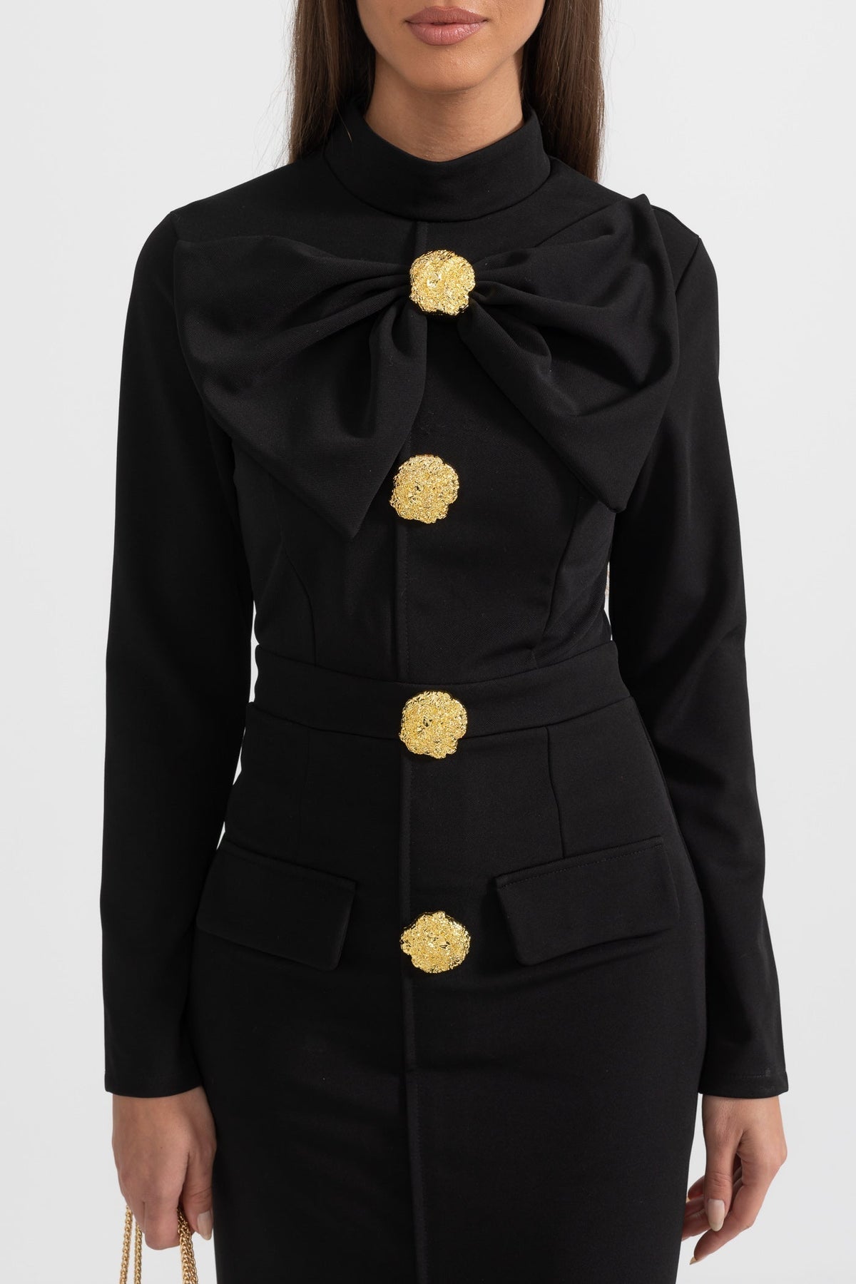 Bow Collar Long Sleeve Fitted Dress with Gold Floral Buttons – Black – view 5