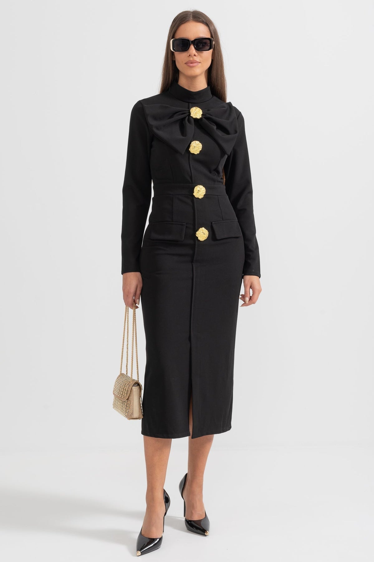 Bow Collar Long Sleeve Fitted Dress with Gold Floral Buttons – Black – view 7