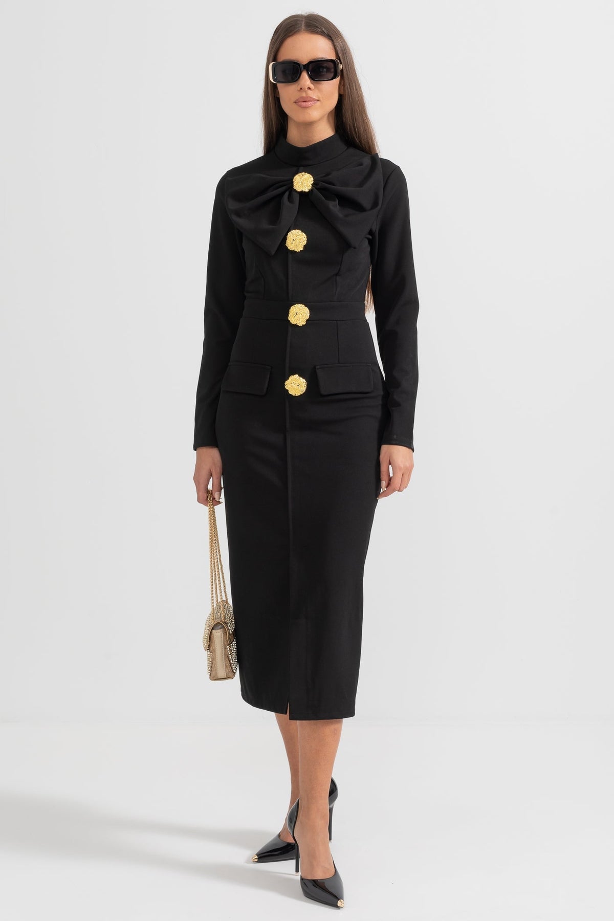 Bow Collar Long Sleeve Fitted Dress with Gold Floral Buttons – Black – view 6